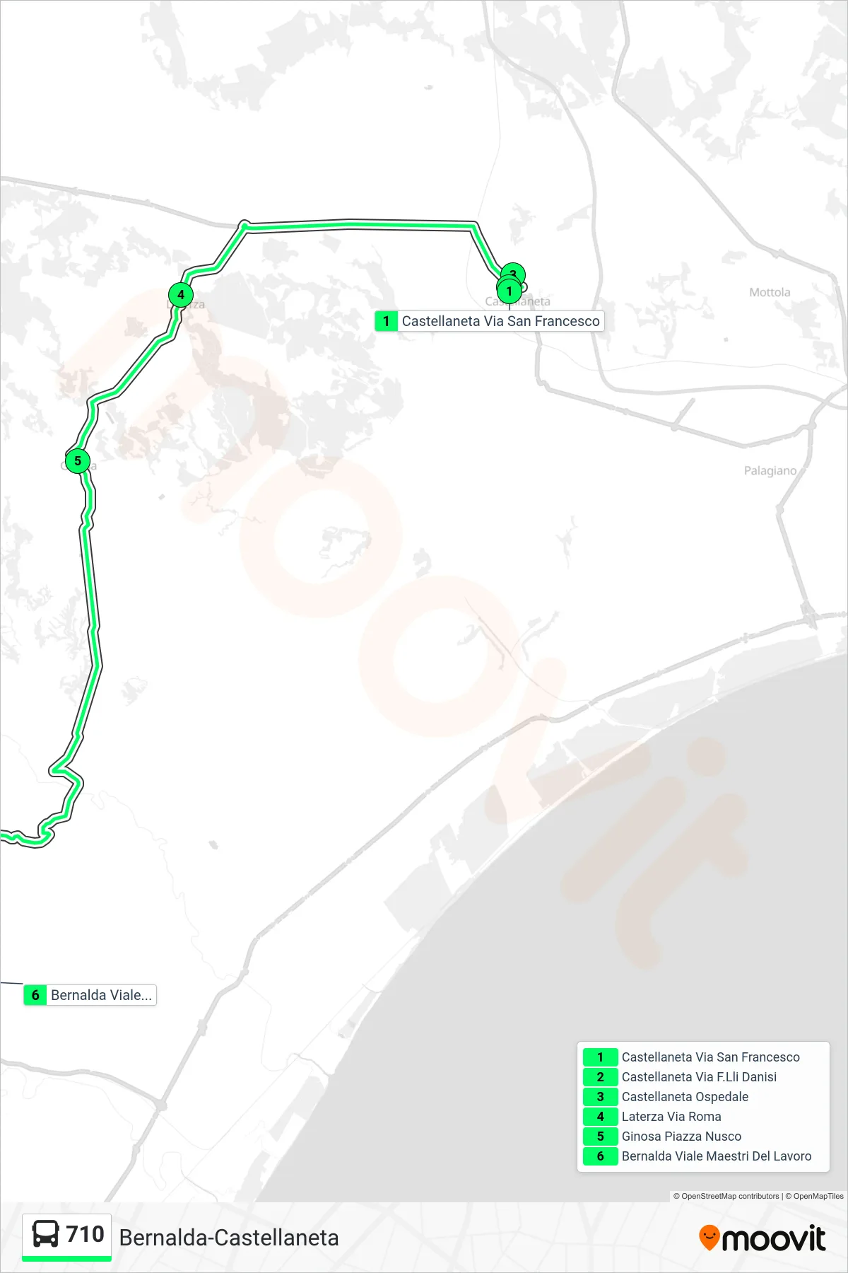 Linea 710 bus (Castellaneta Via San Francesco→Bernalda Viale Maestri Del Lavoro) - Percorsi e fermate sulla mappa