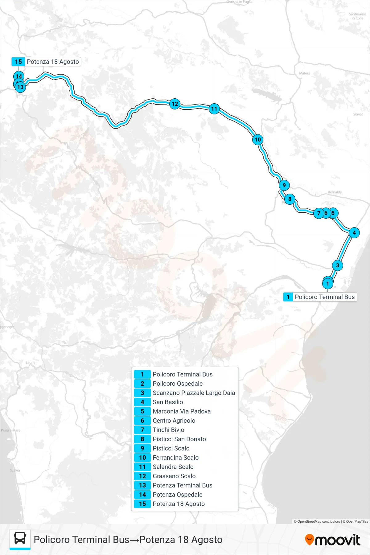Linea POLICORO-POTENZA bus (Policoro Terminal Bus→Potenza 18 Agosto) - Percorsi e fermate sulla mappa