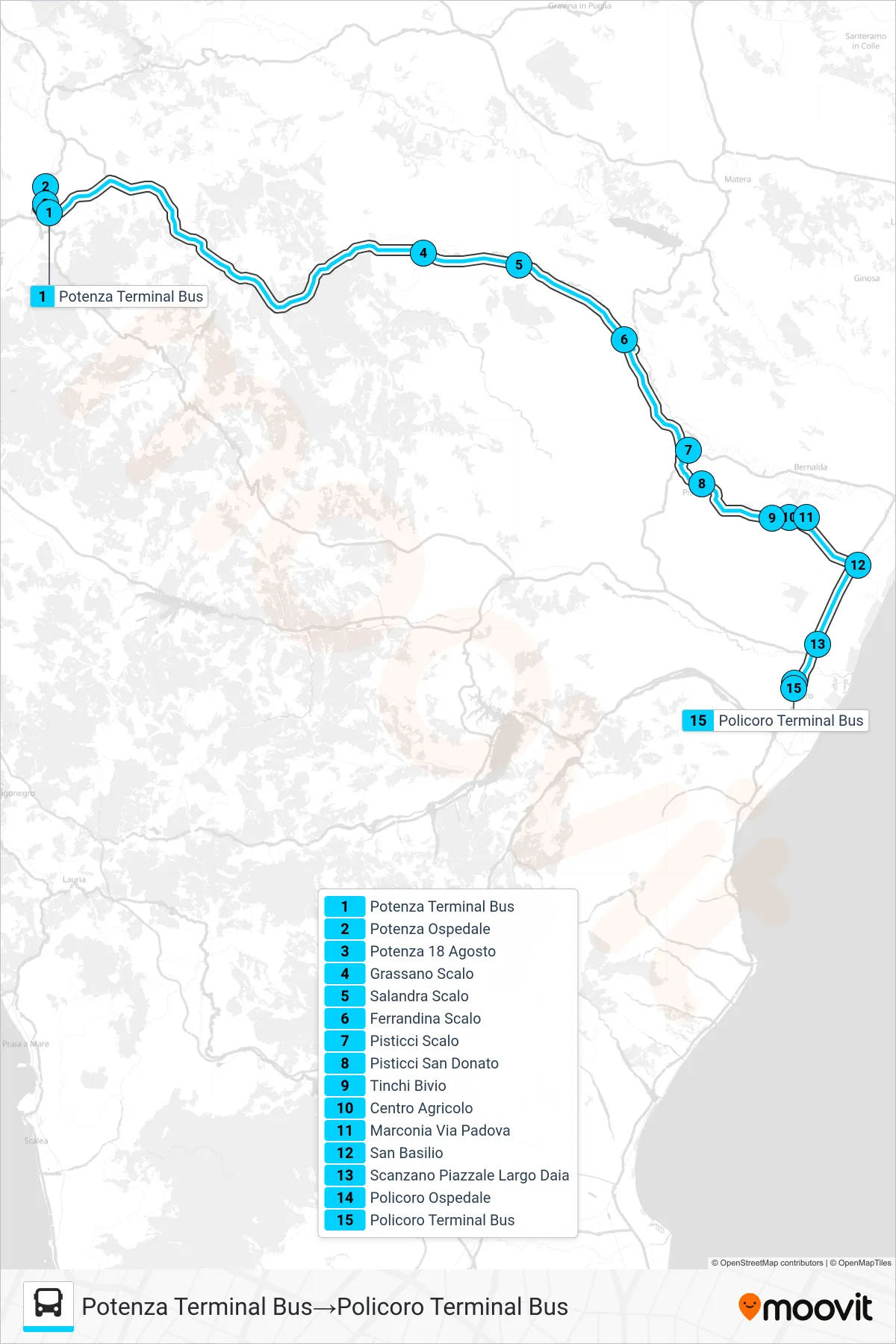 Linea POLICORO-POTENZA bus (Potenza Terminal Bus→Policoro Terminal Bus) - Percorsi e fermate sulla mappa