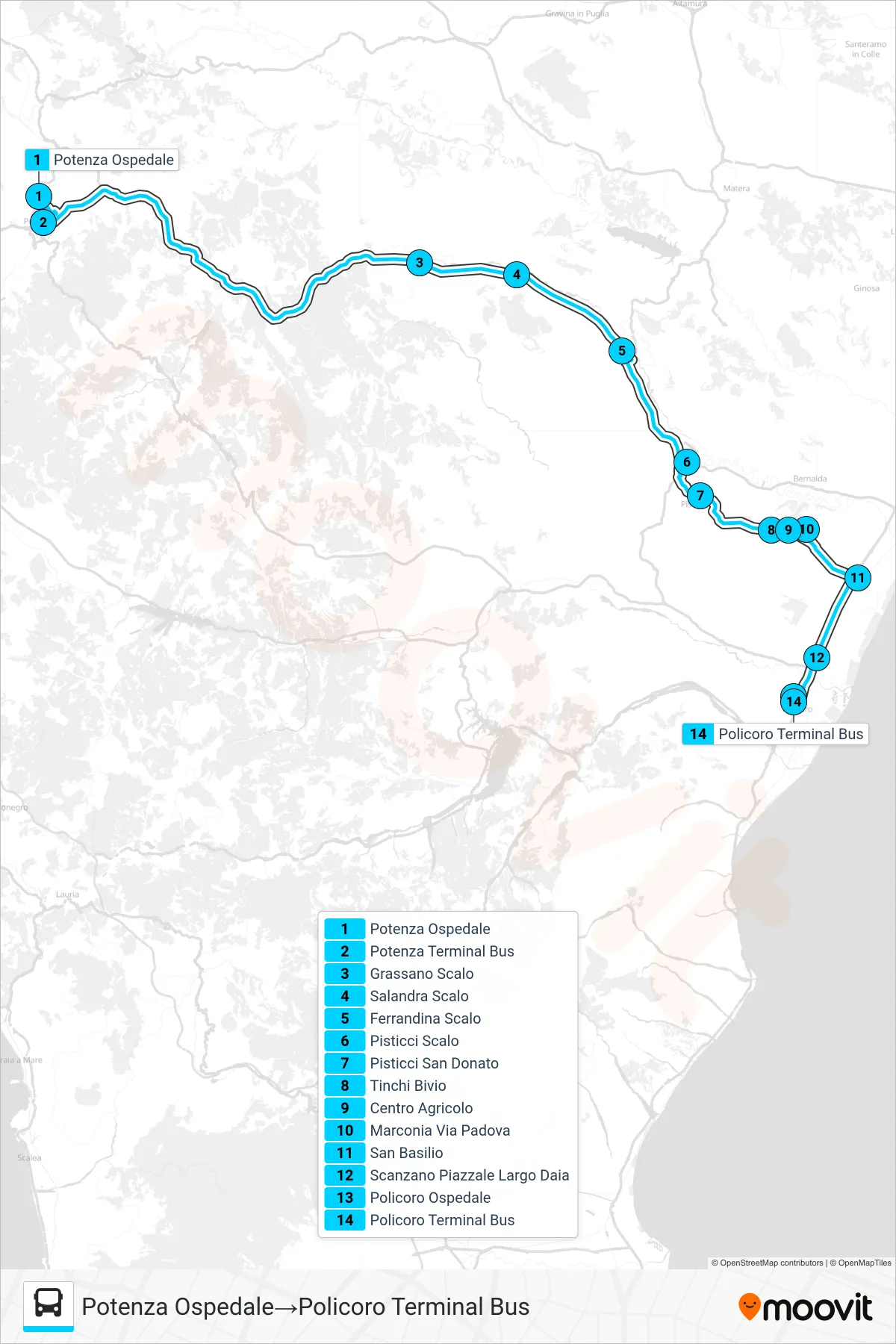 Linea POLICORO-POTENZA bus (Potenza Ospedale→Policoro Terminal Bus) - Percorsi e fermate sulla mappa