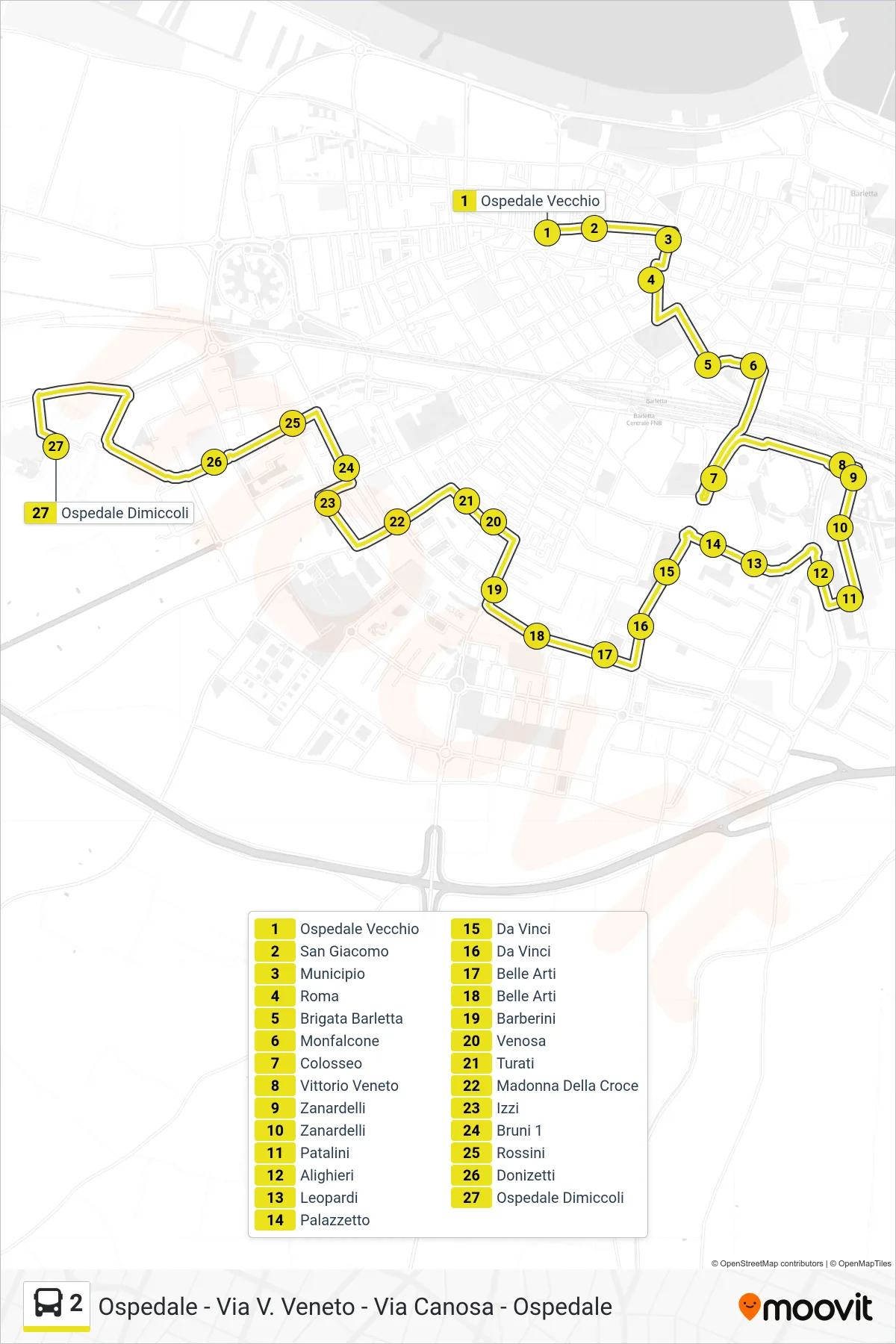 Linea 2 bus (Ospedale Vecchio→Ospedale Dimiccoli) - Percorsi e fermate sulla mappa