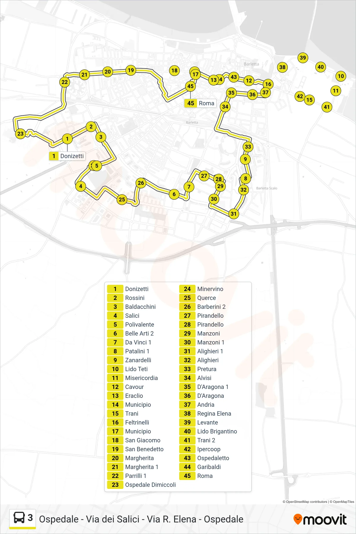 Linea 3 bus (Ospedale Dimiccoli→Ospedale Dimiccoli) - Percorsi e fermate sulla mappa