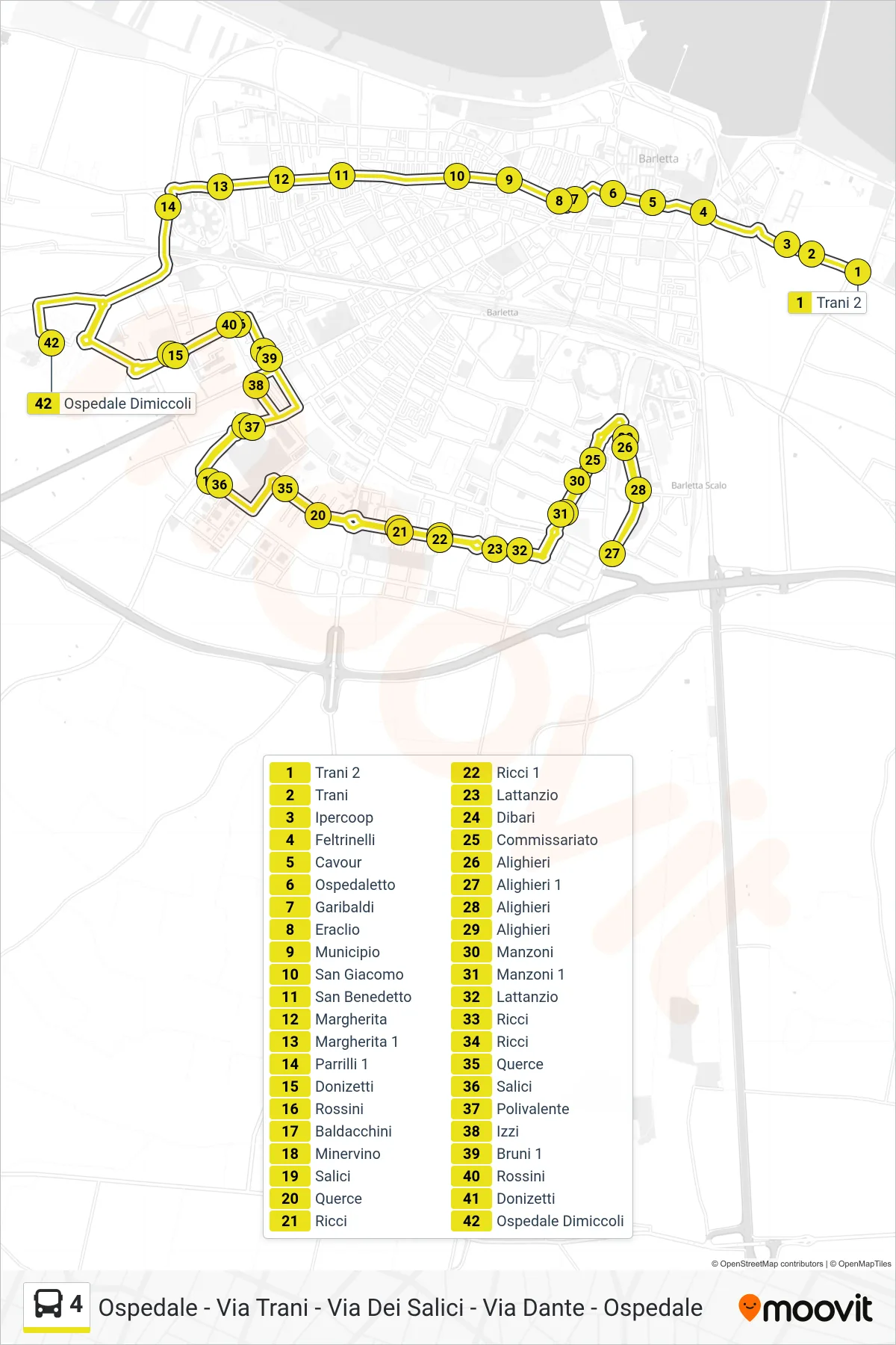 Linea 4  bus (Trani 2‎→Ospedale Dimiccoli) - Percorsi e fermate sulla mappa