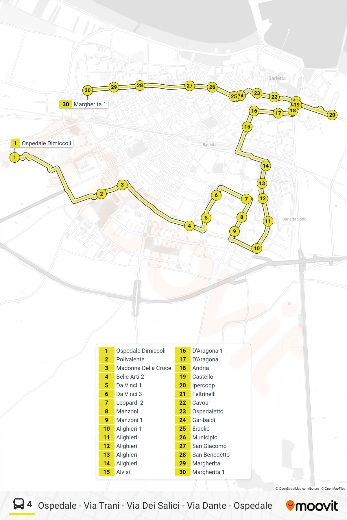 Linea 4  bus (Ospedale Dimiccoli‎→Margherita 1) - Percorsi e fermate sulla mappa