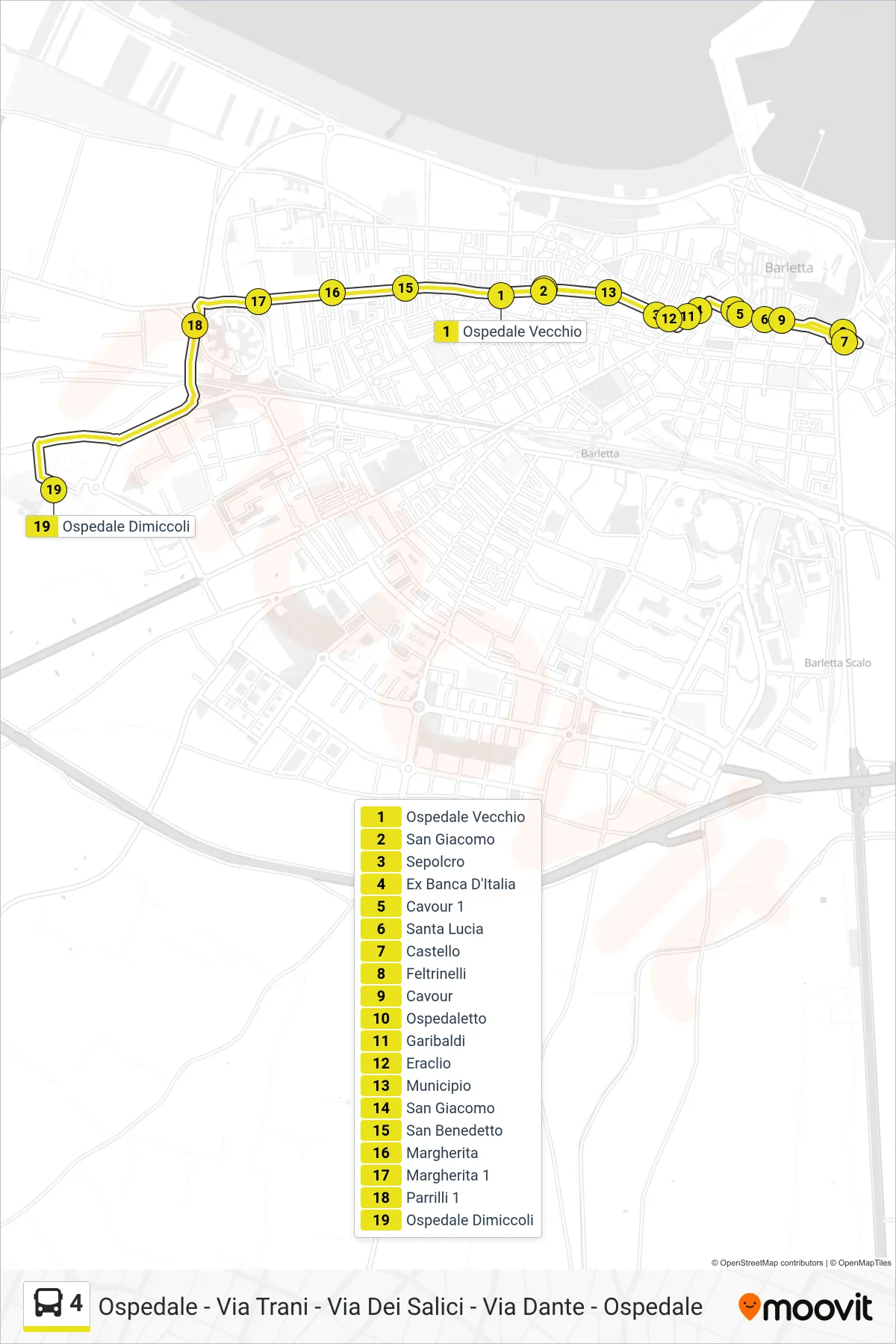 Linea 4  bus (Ospedale Vecchio‎→Ospedale Dimiccoli) - Percorsi e fermate sulla mappa