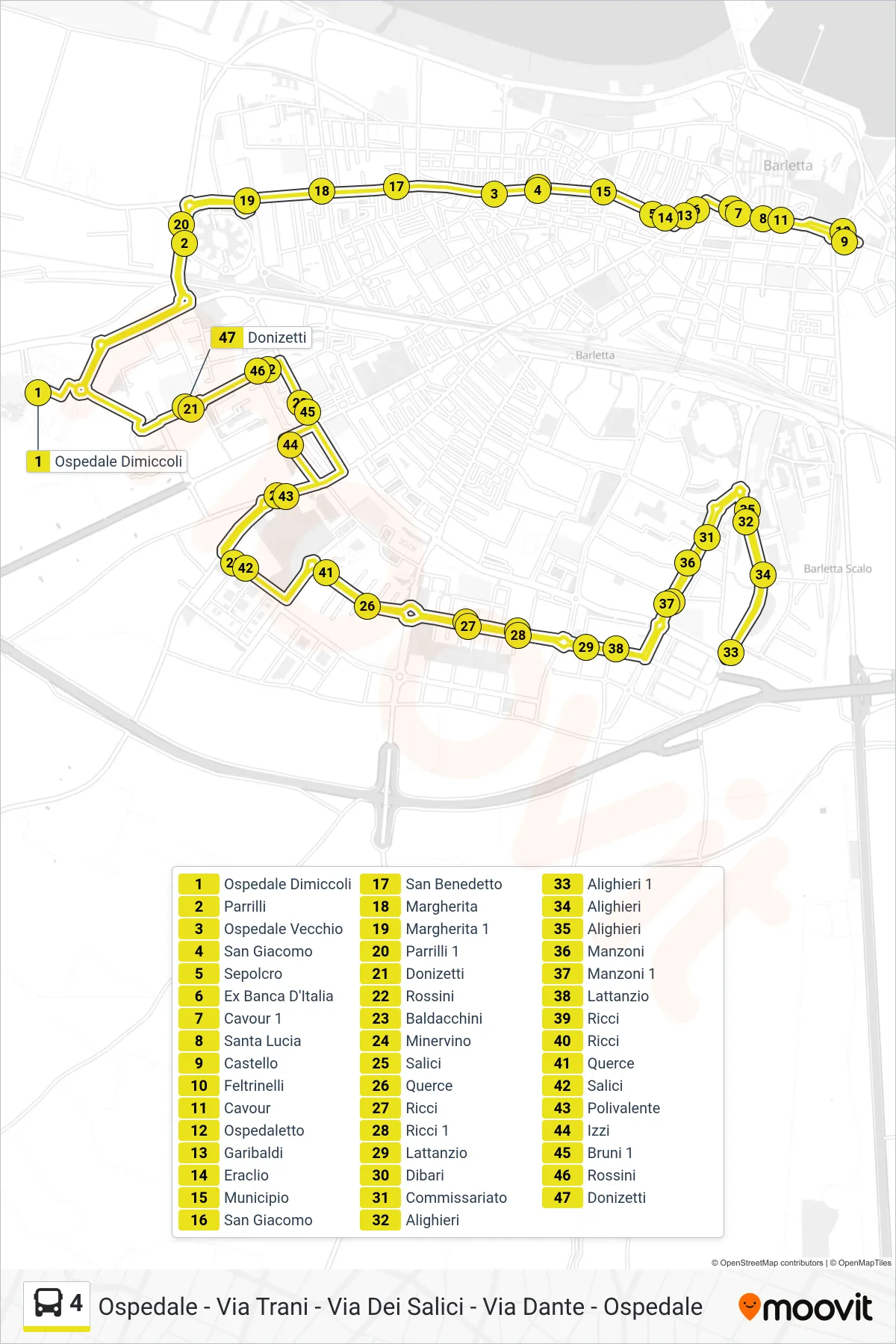 Linea 4 bus (Ospedale Dimiccoli→Donizetti) - Percorsi e fermate sulla mappa