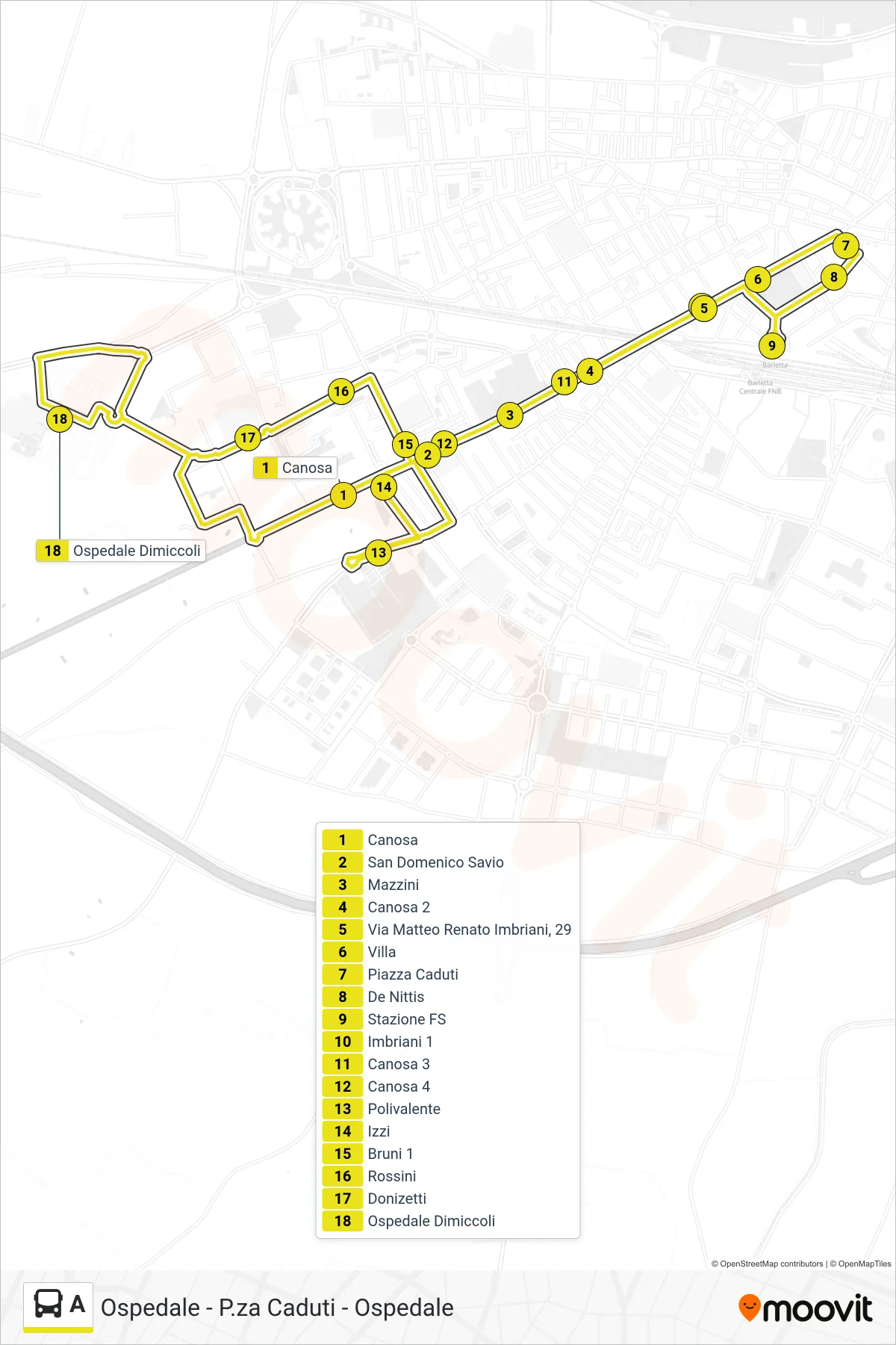 Linea A bus (Ospedale Dimiccoli→Ospedale Dimiccoli) - Percorsi e fermate sulla mappa