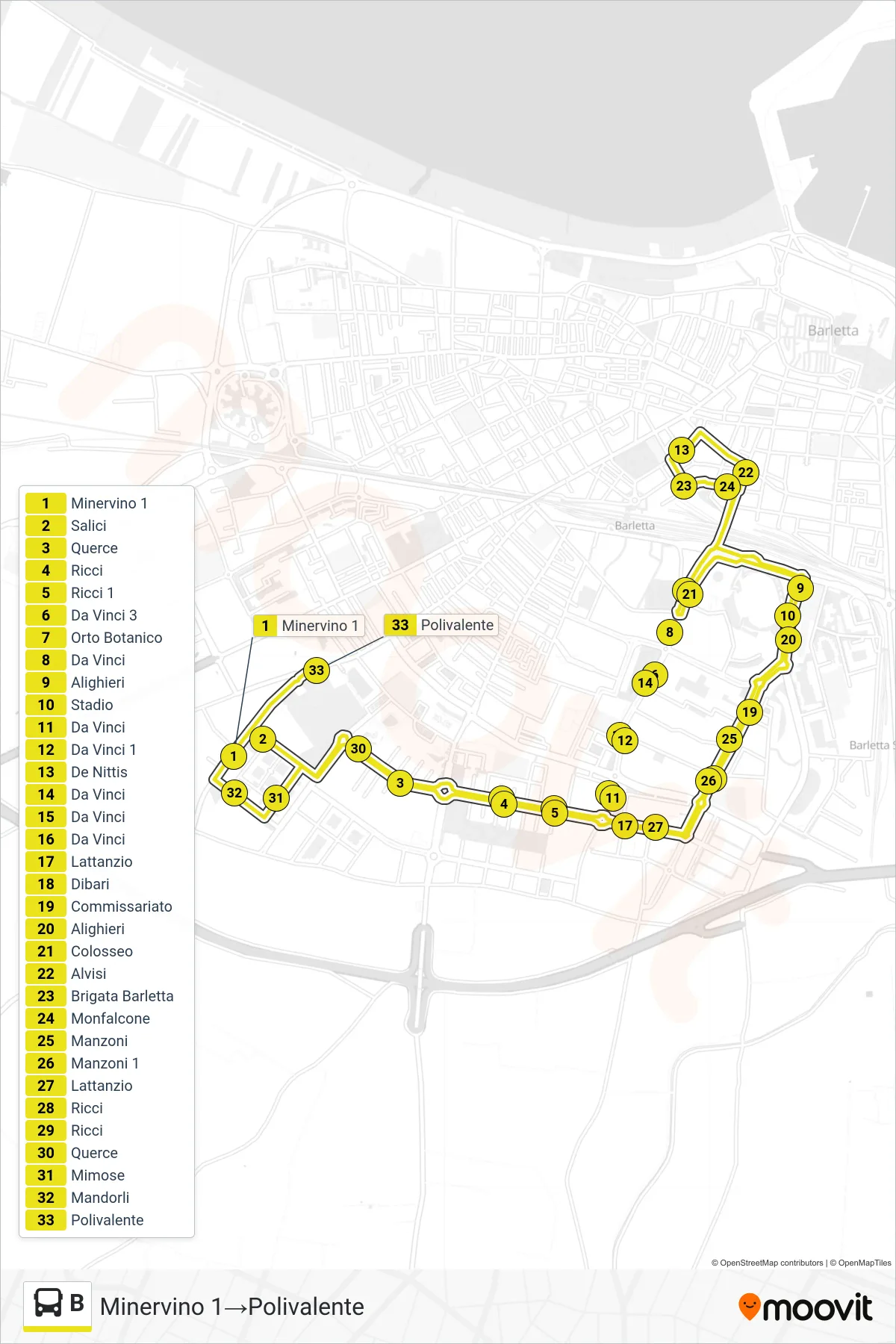 Linea B bus (Minervino 1→Polivalente) - Percorsi e fermate sulla mappa