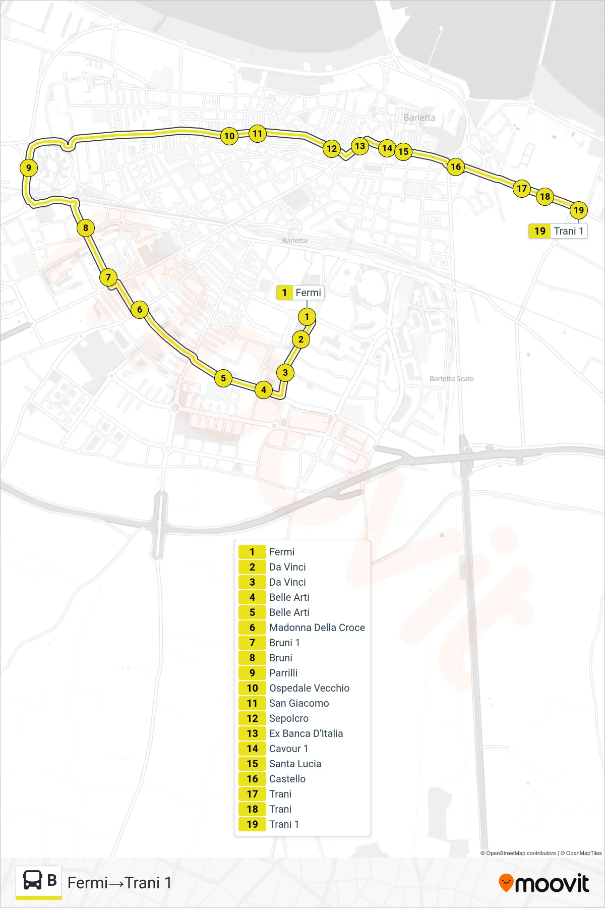 Linea B bus (Fermi→Trani 1) - Percorsi e fermate sulla mappa