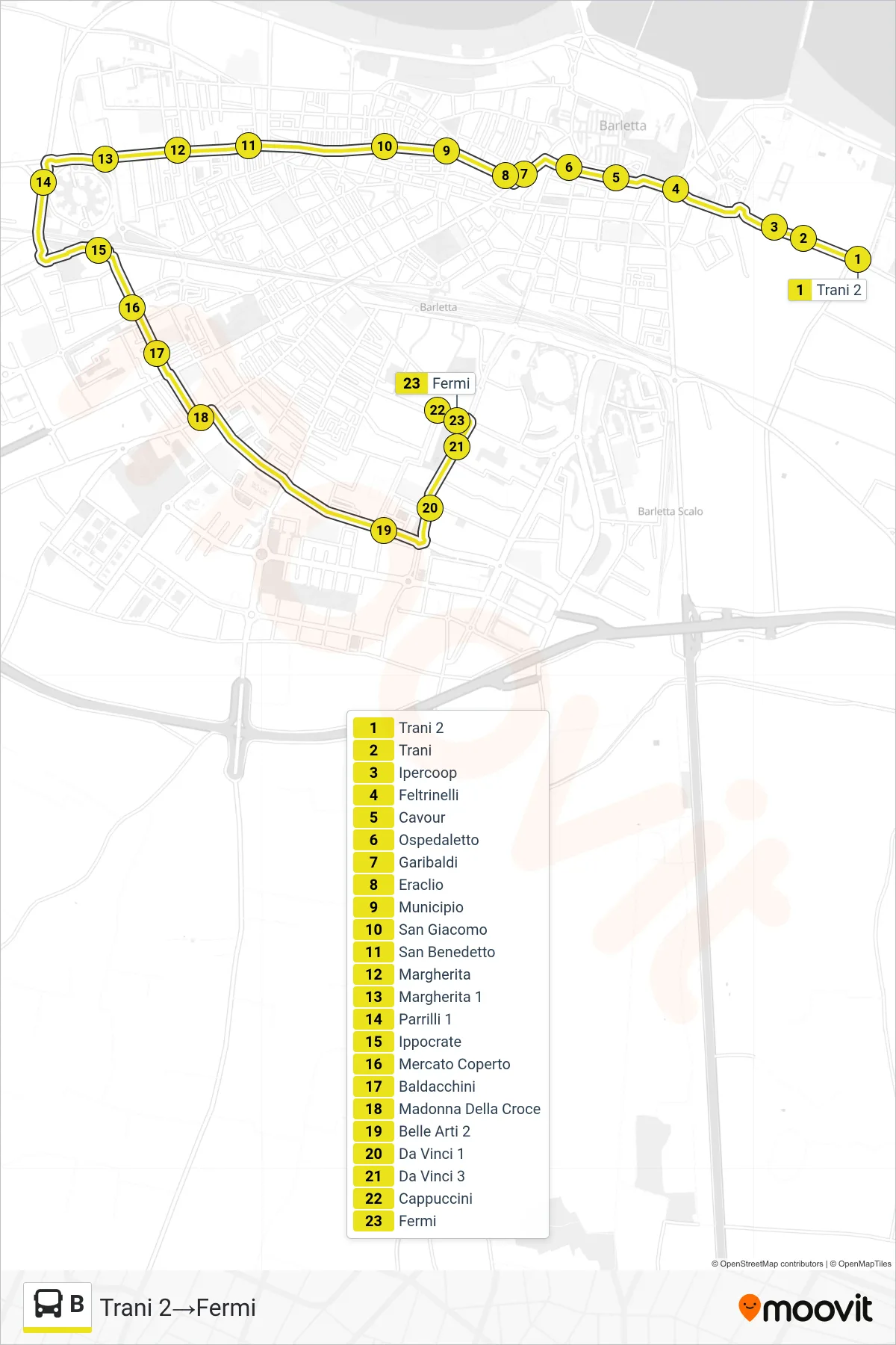 Linea B  bus (Trani 2‎→Fermi) - Percorsi e fermate sulla mappa