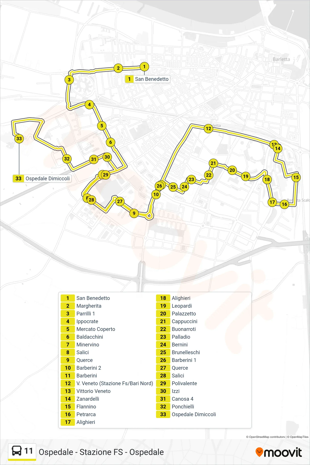 Linea 11 bus (San Benedetto→Ospedale Dimiccoli) - Percorsi e fermate sulla mappa