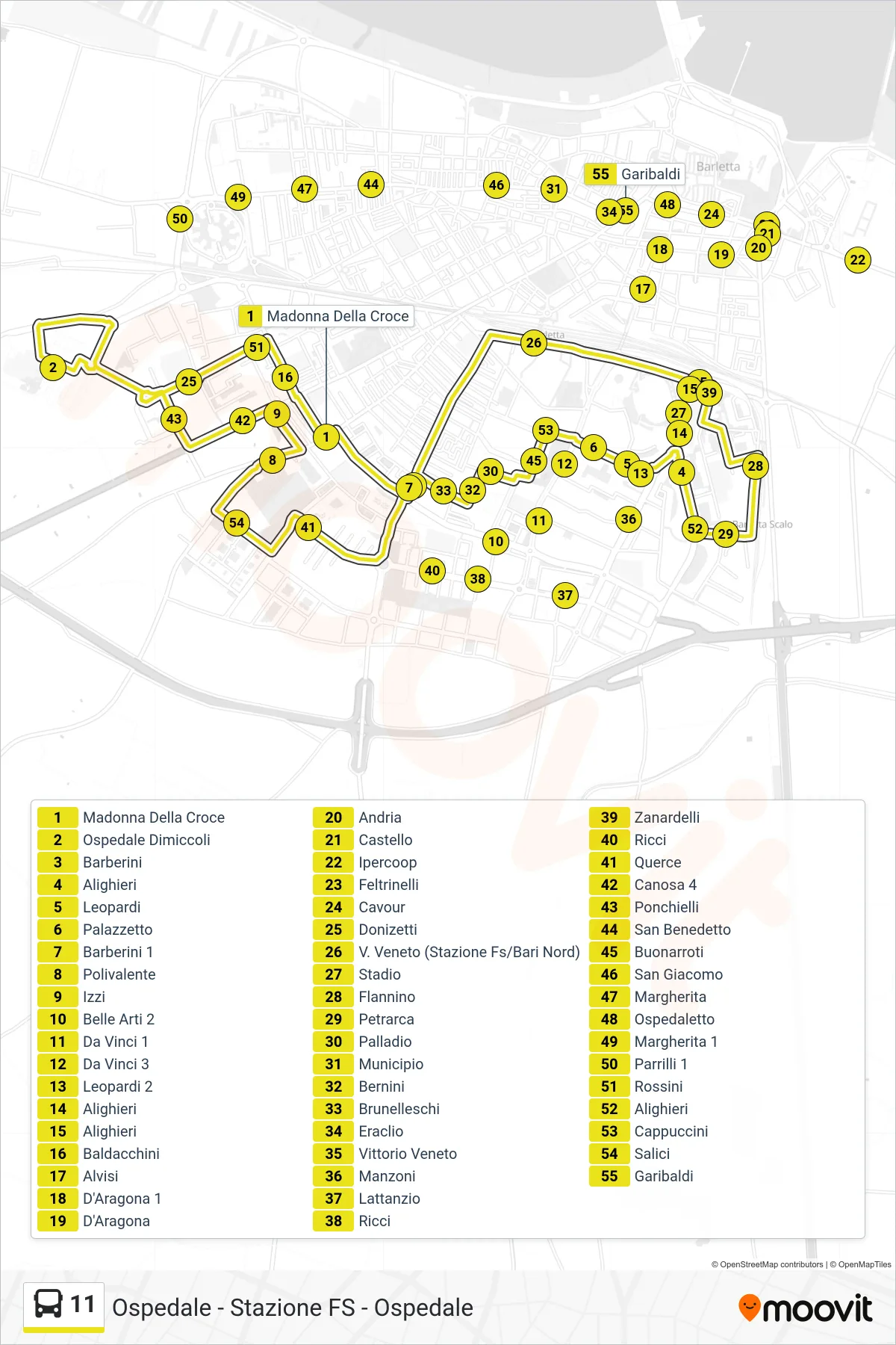 Linea 11 bus (Ospedale Dimiccoli→Ospedale Dimiccoli) - Percorsi e fermate sulla mappa