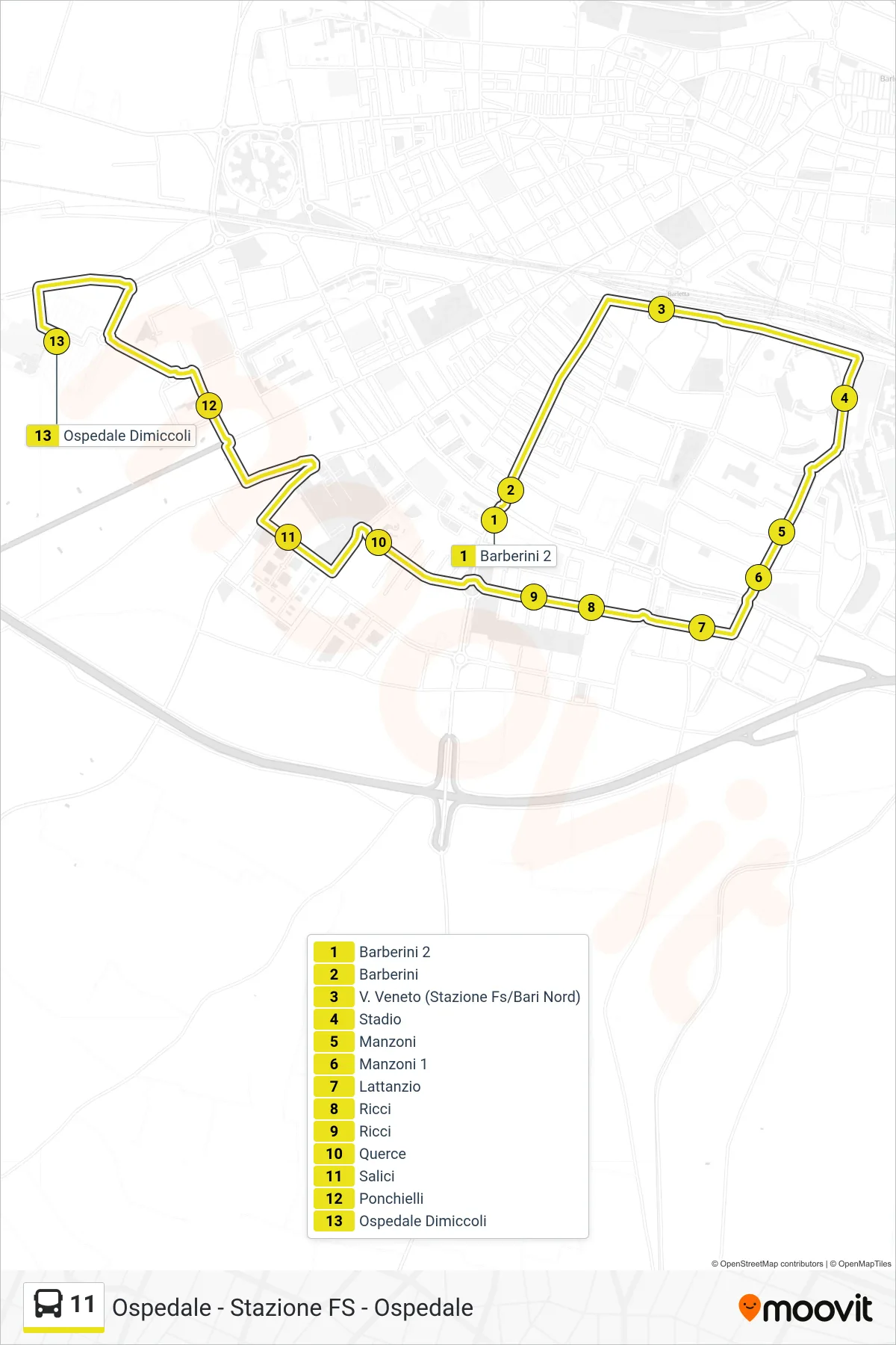 Linea 11  bus (Barberini 2‎→Ospedale Dimiccoli) - Percorsi e fermate sulla mappa