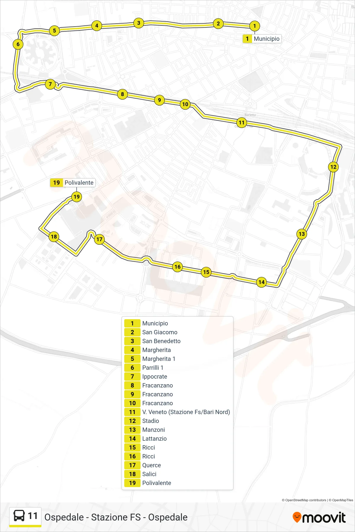 Linea 11 bus (Municipio→Polivalente) - Percorsi e fermate sulla mappa