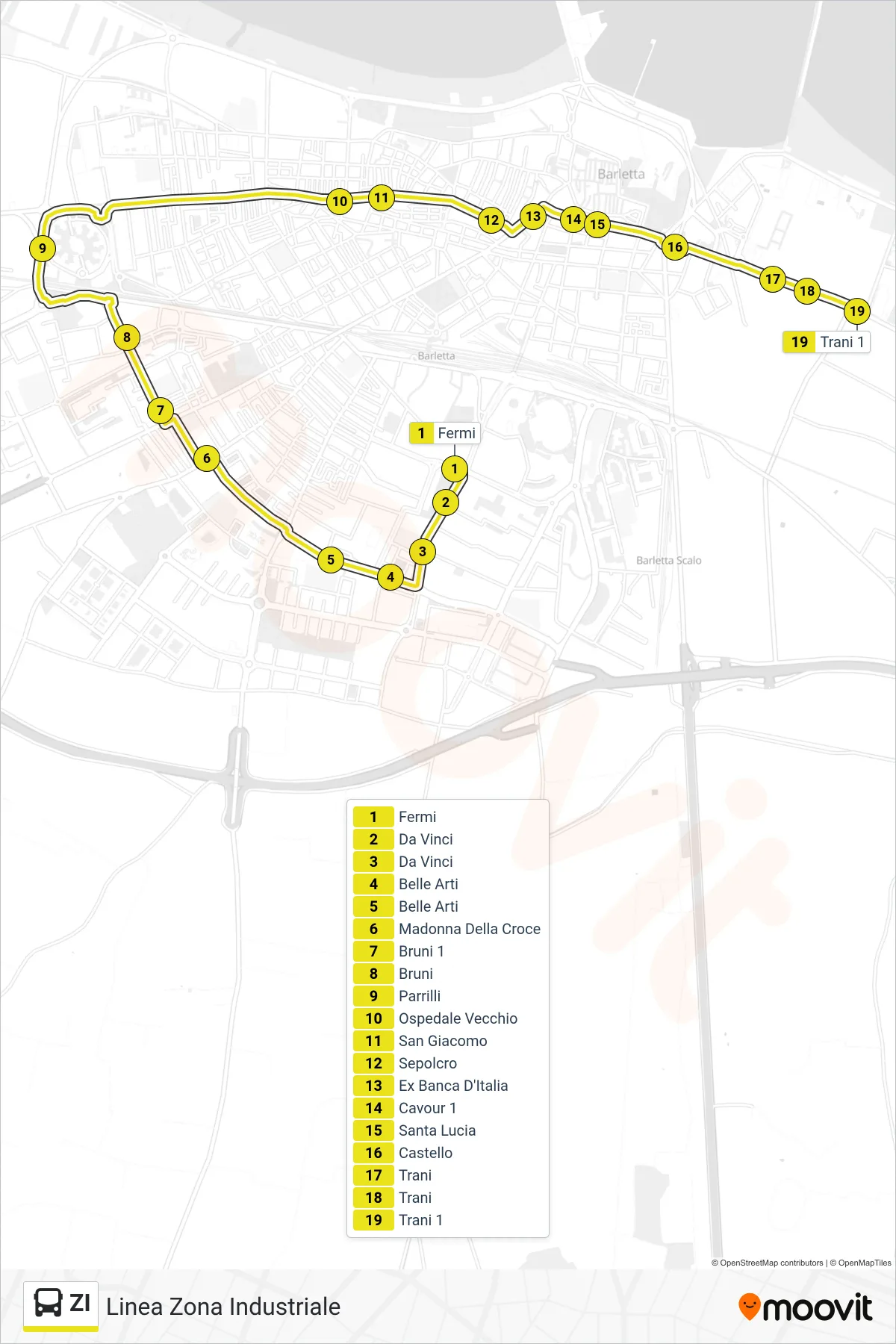 Linea ZI bus (Fermi→Trani 1) - Percorsi e fermate sulla mappa