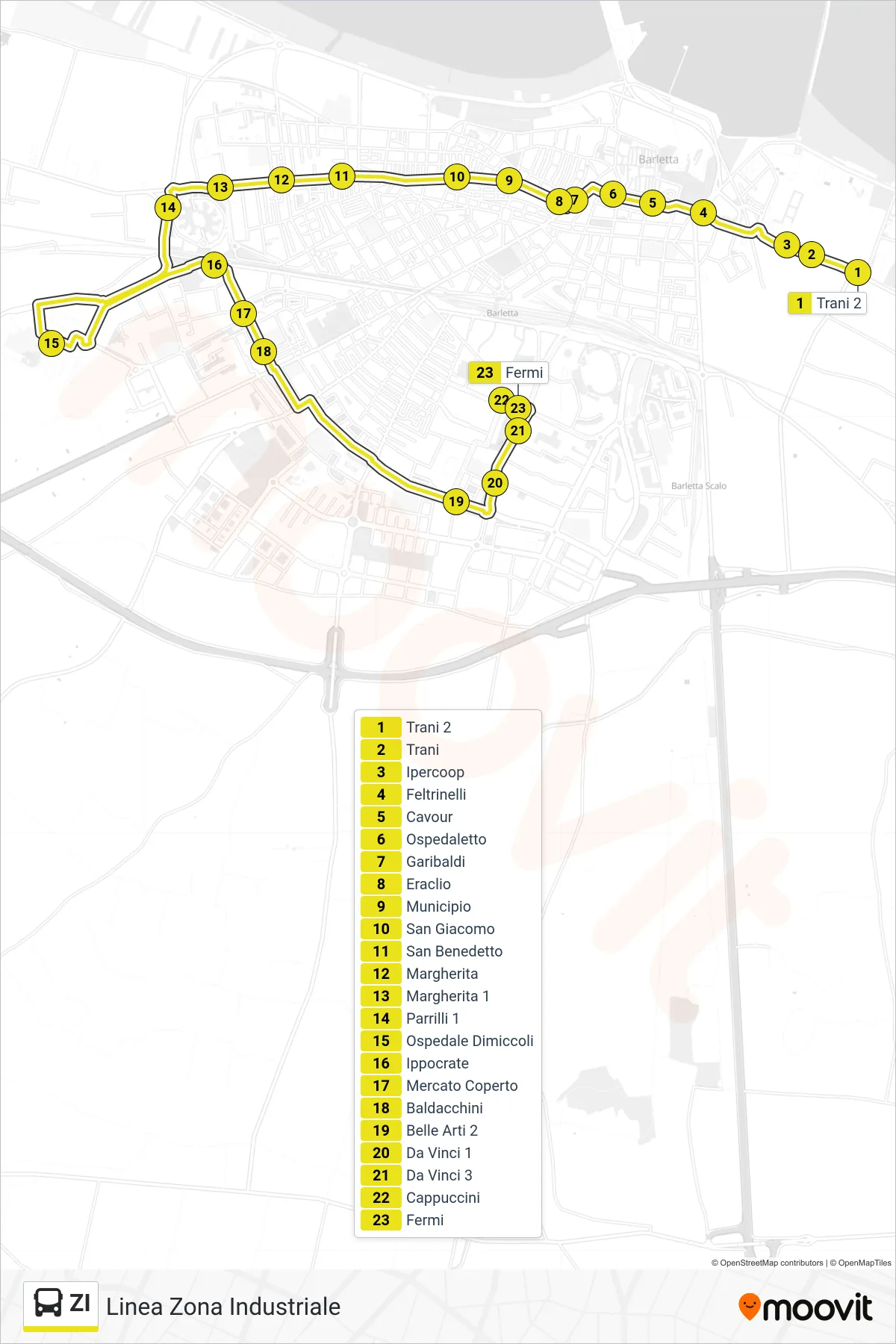 Linea ZI bus (Trani 2→Fermi) - Percorsi e fermate sulla mappa
