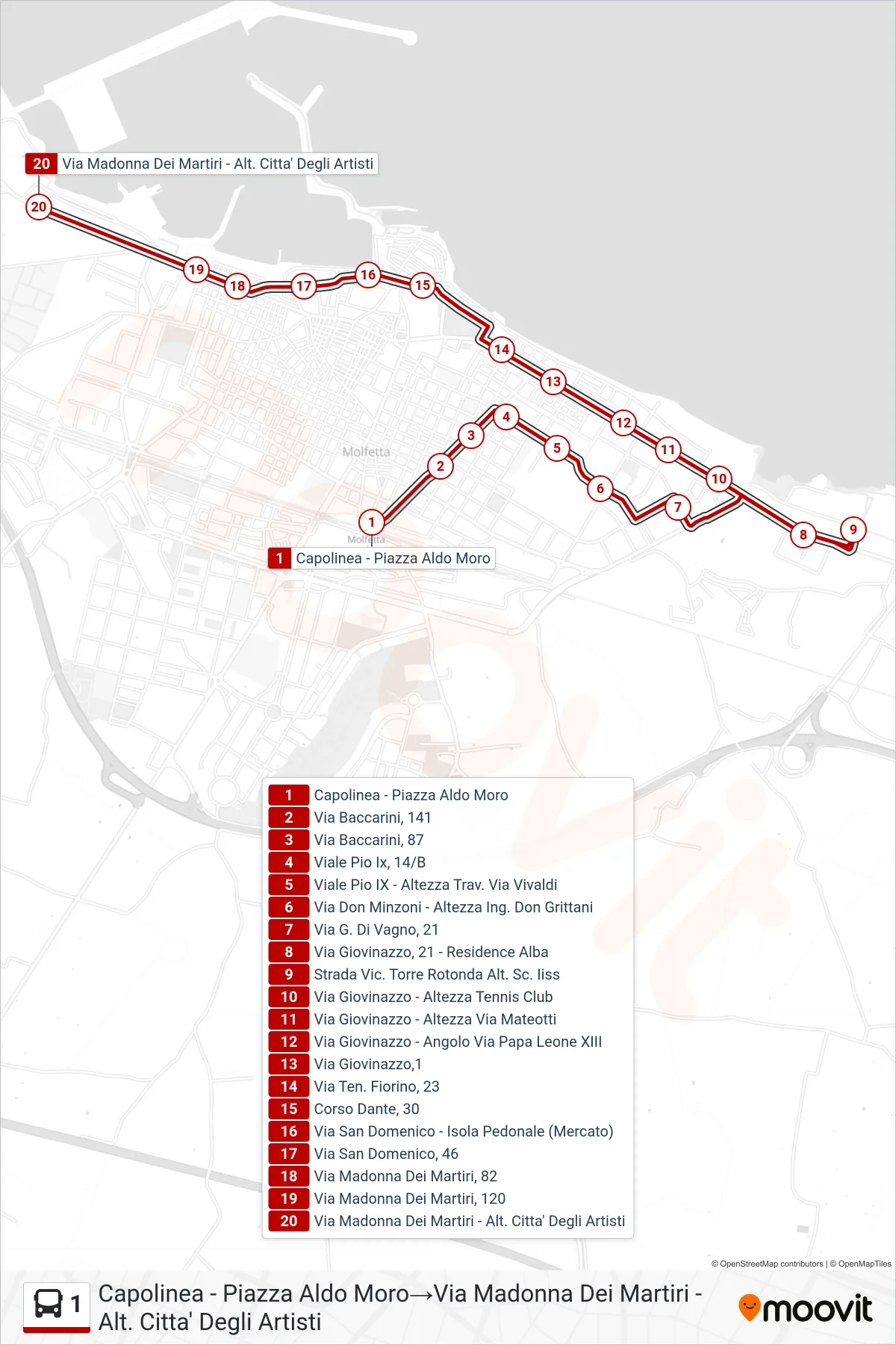 Linea 1  bus (Capolinea - Piazza Aldo Moro‎→Via Madonna Dei Martiri - Alt. Citta' Degli Artisti) - Percorsi e fermate sulla mappa