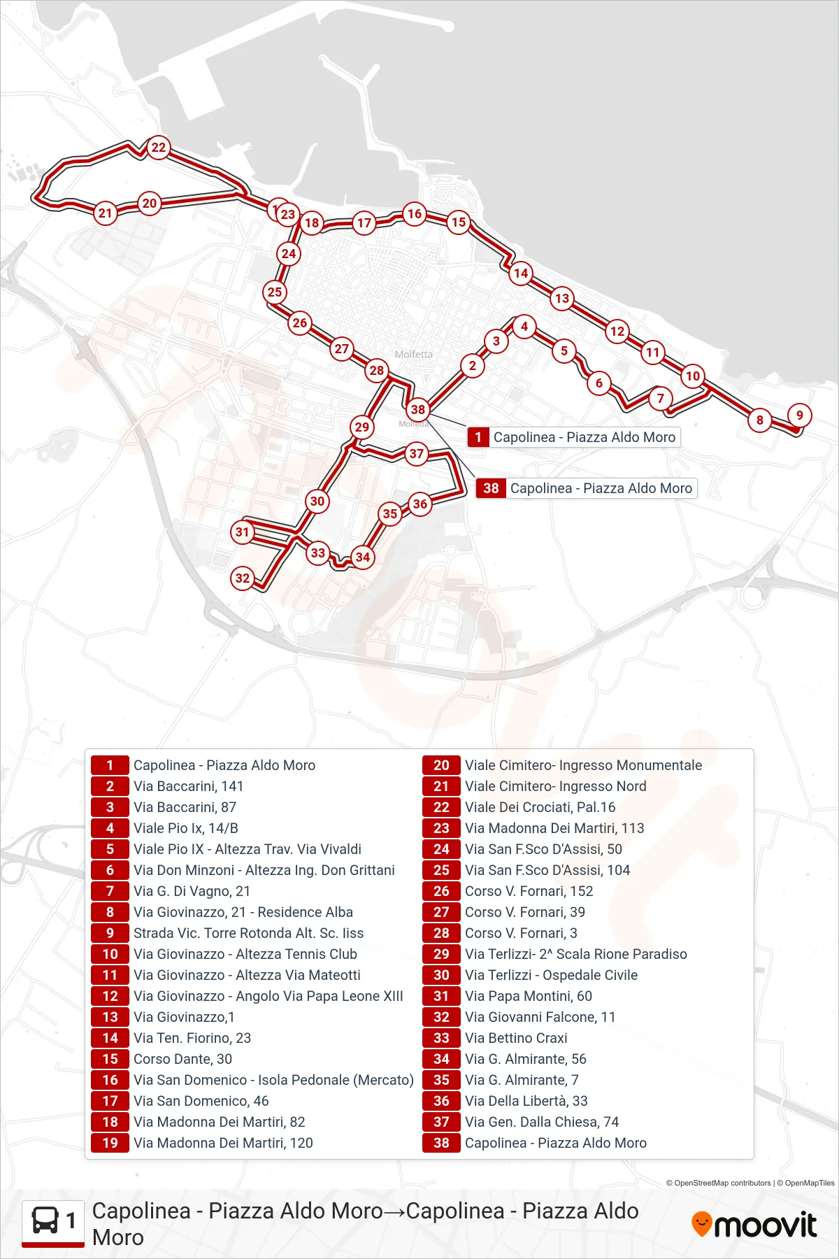 Linea 1 bus (Capolinea - Piazza Aldo Moro→Capolinea - Piazza Aldo Moro) - Percorsi e fermate sulla mappa