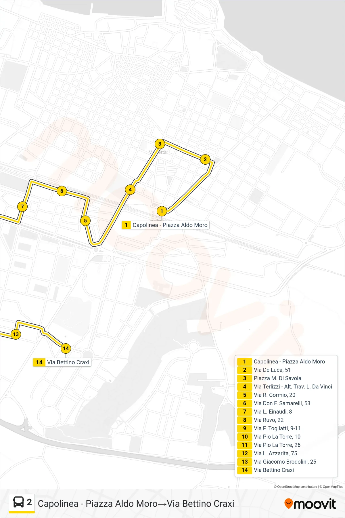 Linea 2  bus (Capolinea - Piazza Aldo Moro‎→Via Bettino Craxi) - Percorsi e fermate sulla mappa