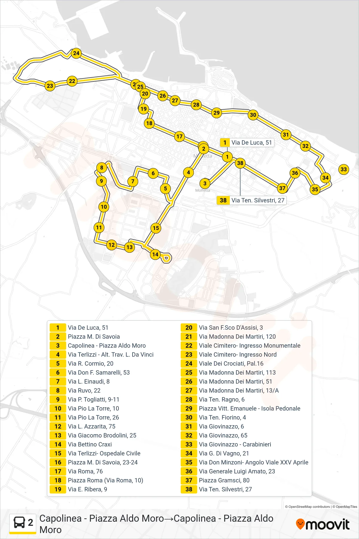 Linea 2 bus (Capolinea - Piazza Aldo Moro→Capolinea - Piazza Aldo Moro) - Percorsi e fermate sulla mappa