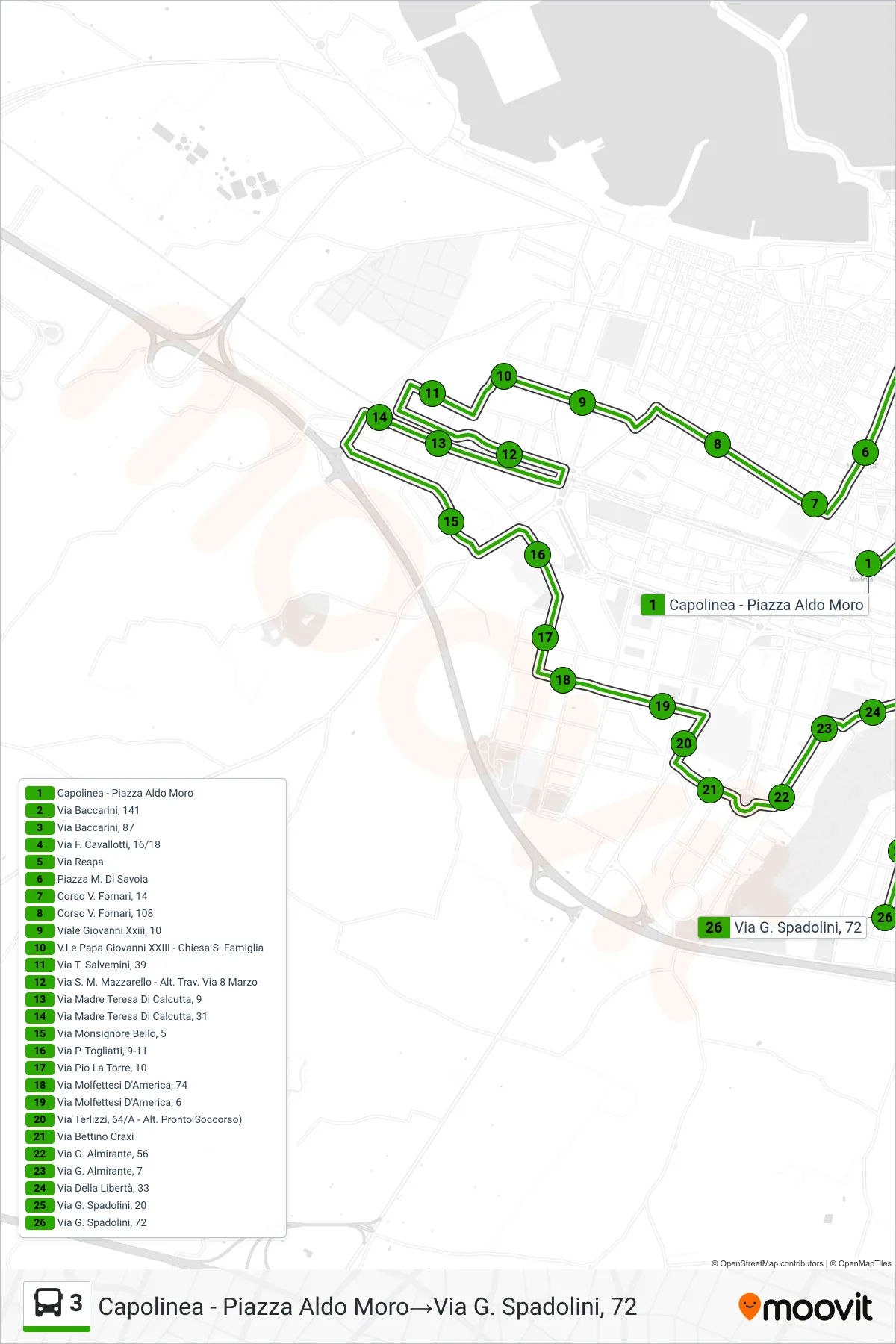 Linea 3 bus (Capolinea - Piazza Aldo Moro→Via G. Spadolini, 72) - Percorsi e fermate sulla mappa