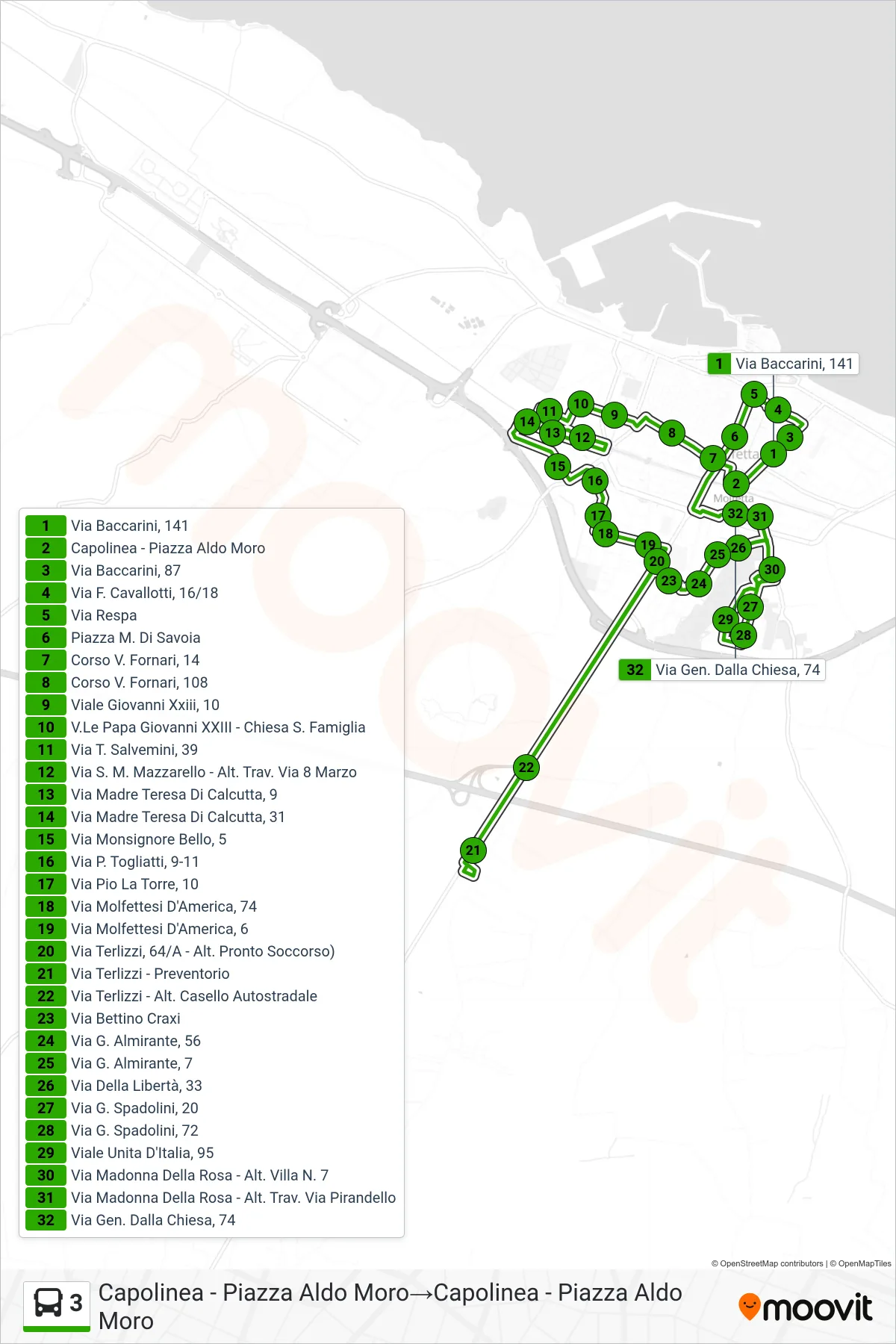 Linea 3 bus (Capolinea - Piazza Aldo Moro→Capolinea - Piazza Aldo Moro) - Percorsi e fermate sulla mappa