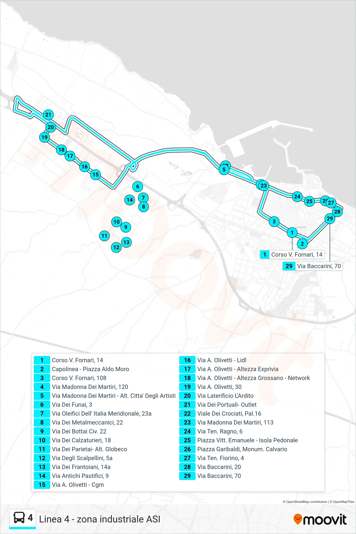 Linea 4 bus (Capolinea - Piazza Aldo Moro→Capolinea - Piazza Aldo Moro) - Percorsi e fermate sulla mappa