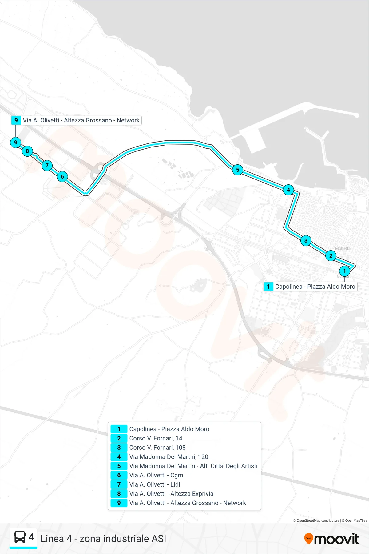 Linea 4  bus (Capolinea - Piazza Aldo Moro‎→Via A. Olivetti - Altezza Grossano - Network) - Percorsi e fermate sulla mappa
