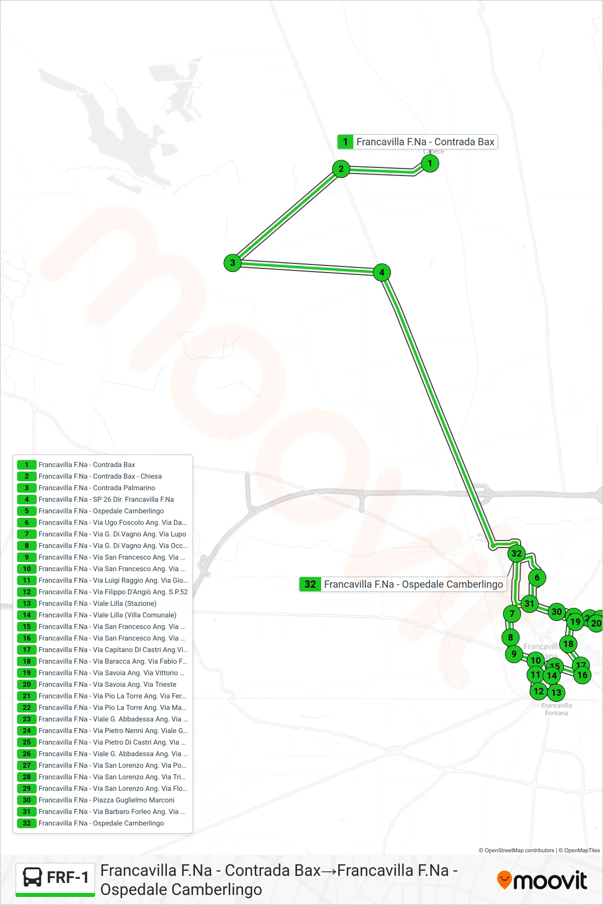 Linea FRF-1 bus (Francavilla F.Na - Contrada Bax→Francavilla F.Na - Ospedale Camberlingo) - Percorsi e fermate sulla mappa