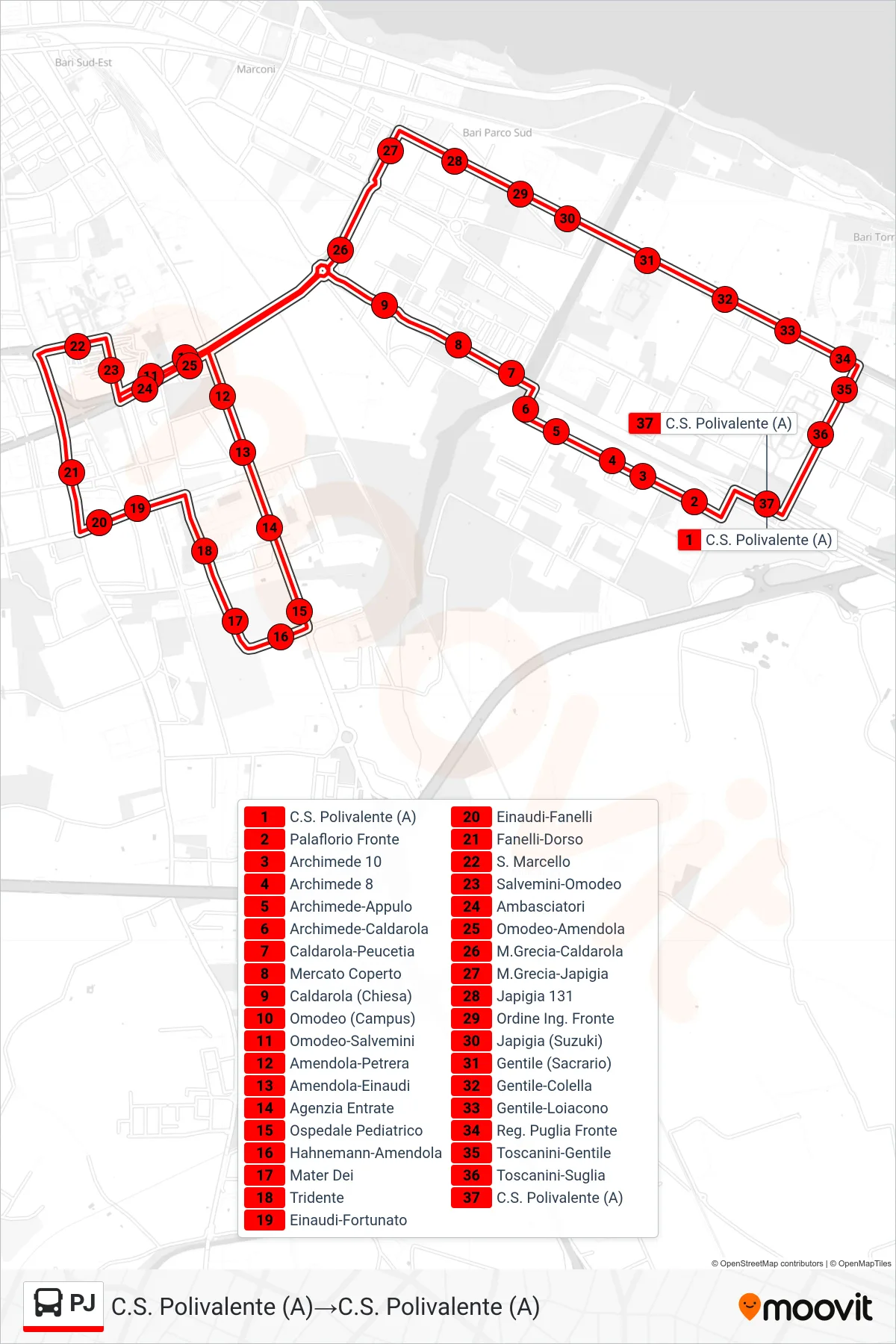 Linea PJ bus (C.S. Polivalente (A)→C.S. Polivalente (A)) - Percorsi e fermate sulla mappa