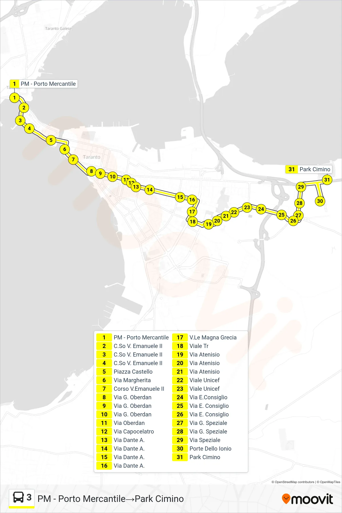 Linea 3 bus (PM - Porto Mercantile→Park Cimino) - Percorsi e fermate sulla mappa