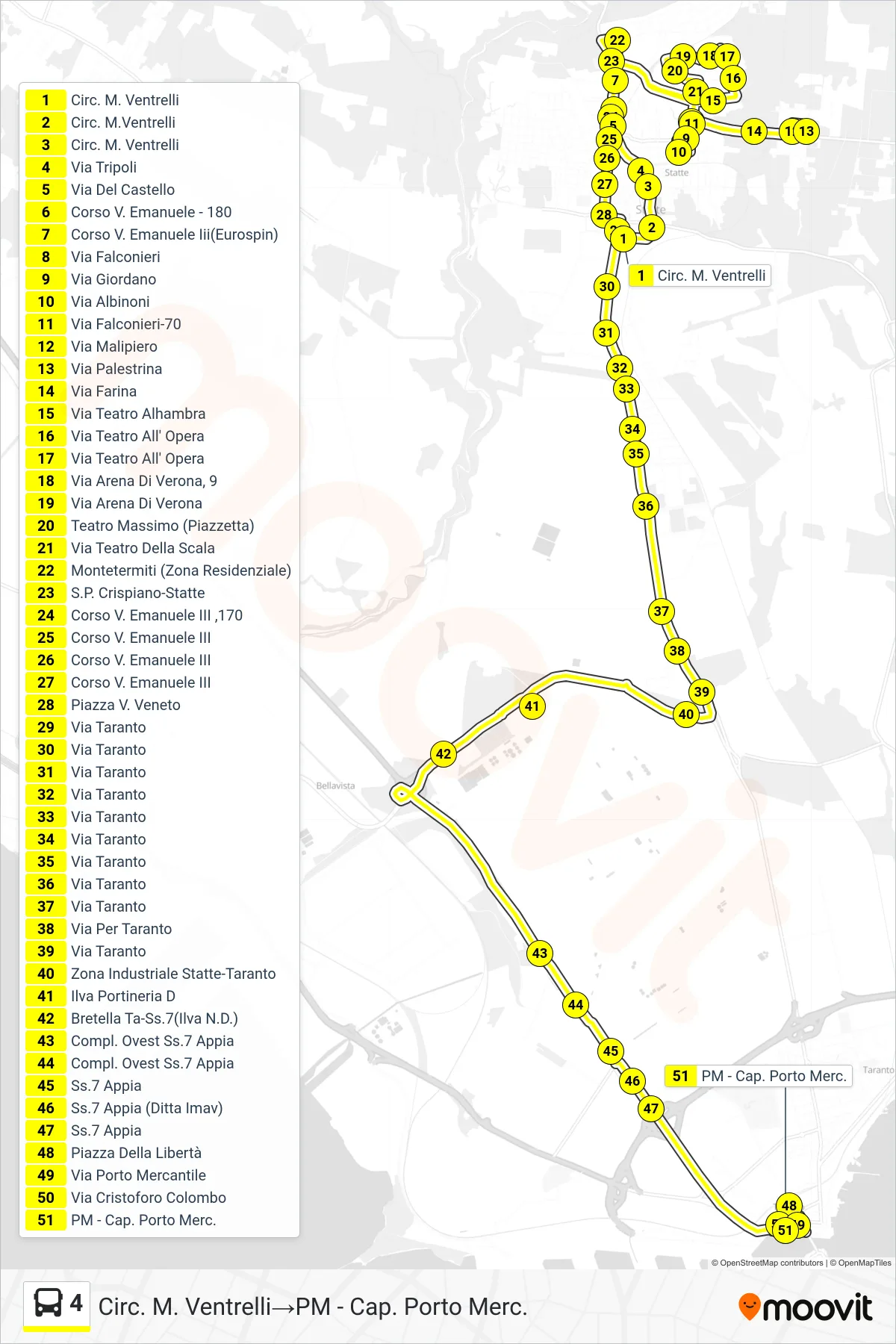 4 bus Line (Ventrelli Circle→PM - Merchant Port Captain) route and stops on a map