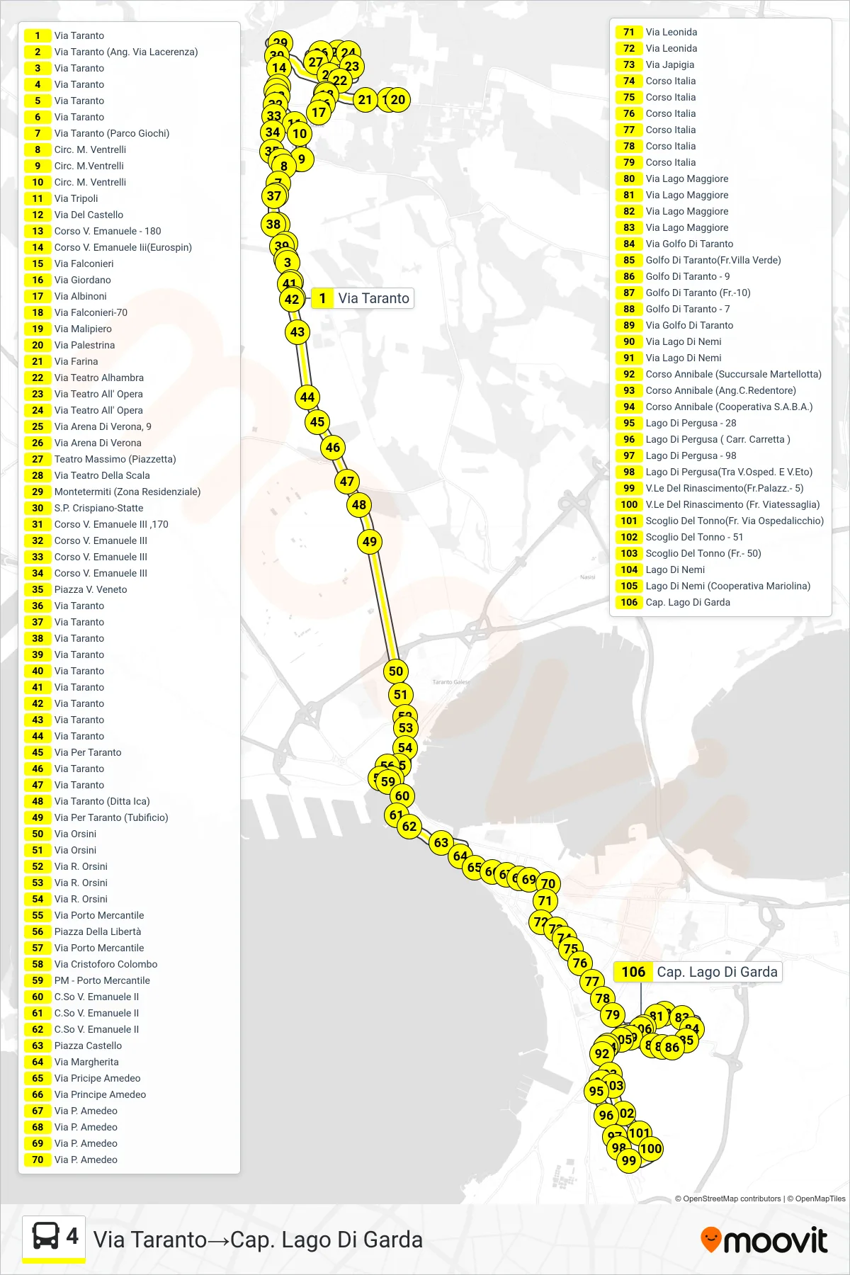 Linea 4 bus (Via Taranto→Cap. Lago Di Garda) - Percorsi e fermate sulla mappa
