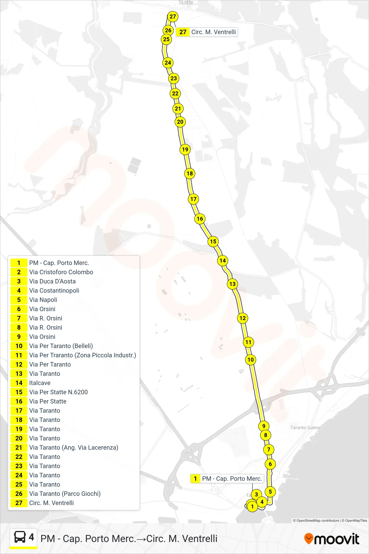 Linea 4 bus (PM - Cap. Porto Merc.→Circ. M. Ventrelli) - Percorsi e fermate sulla mappa