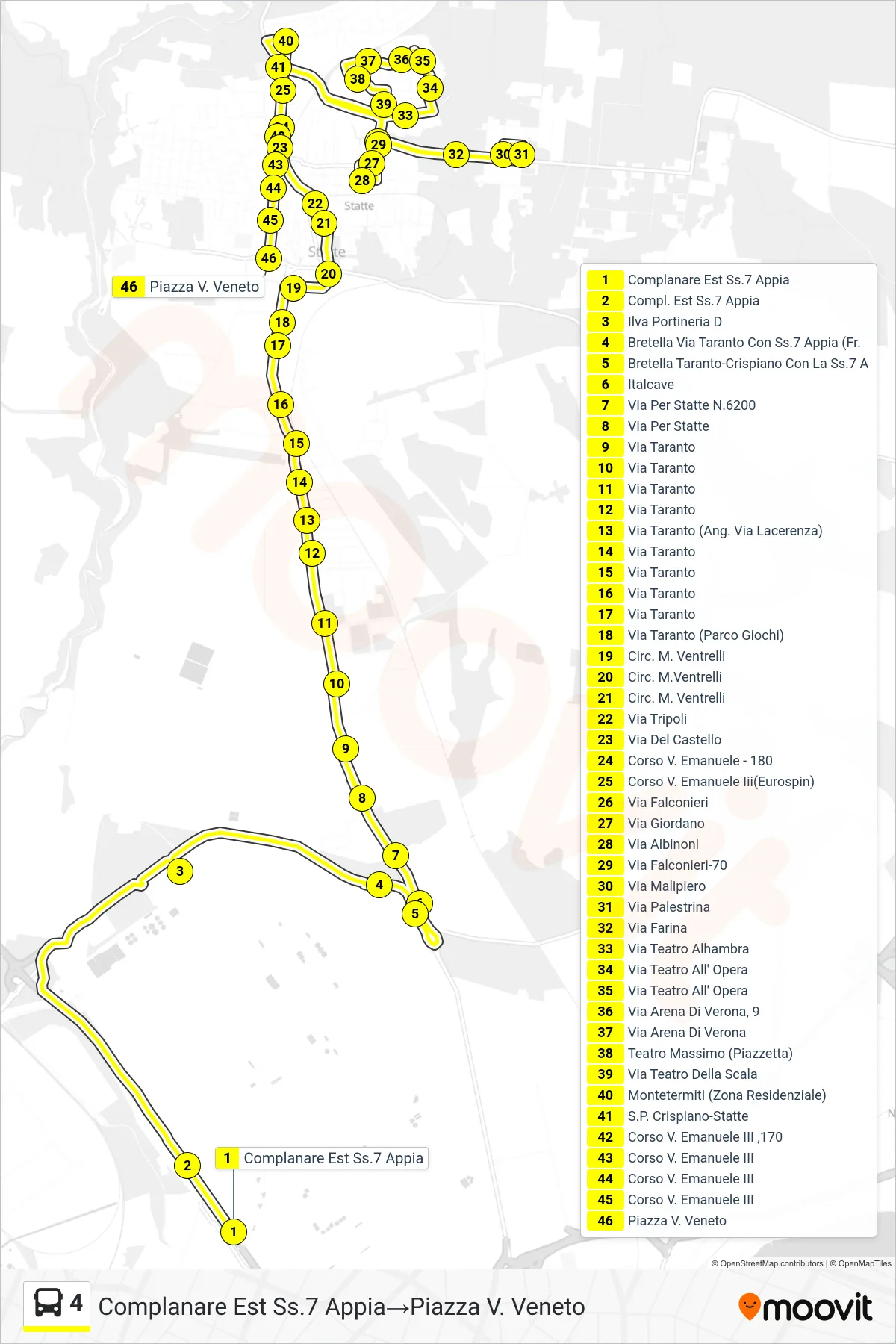 Linea 4 bus (Complanare Est Ss.7 Appia→Piazza V. Veneto) - Percorsi e fermate sulla mappa