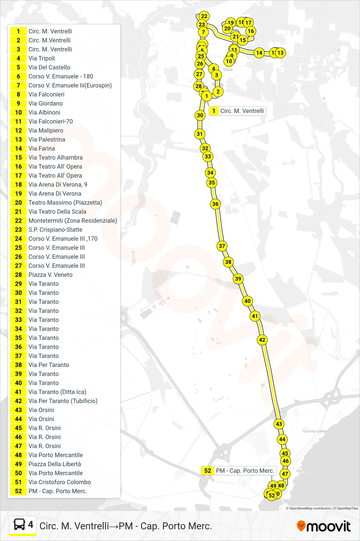 4 bus Line (Ventrelli Circle→PM - Merchant Port Captain) route and stops on a map