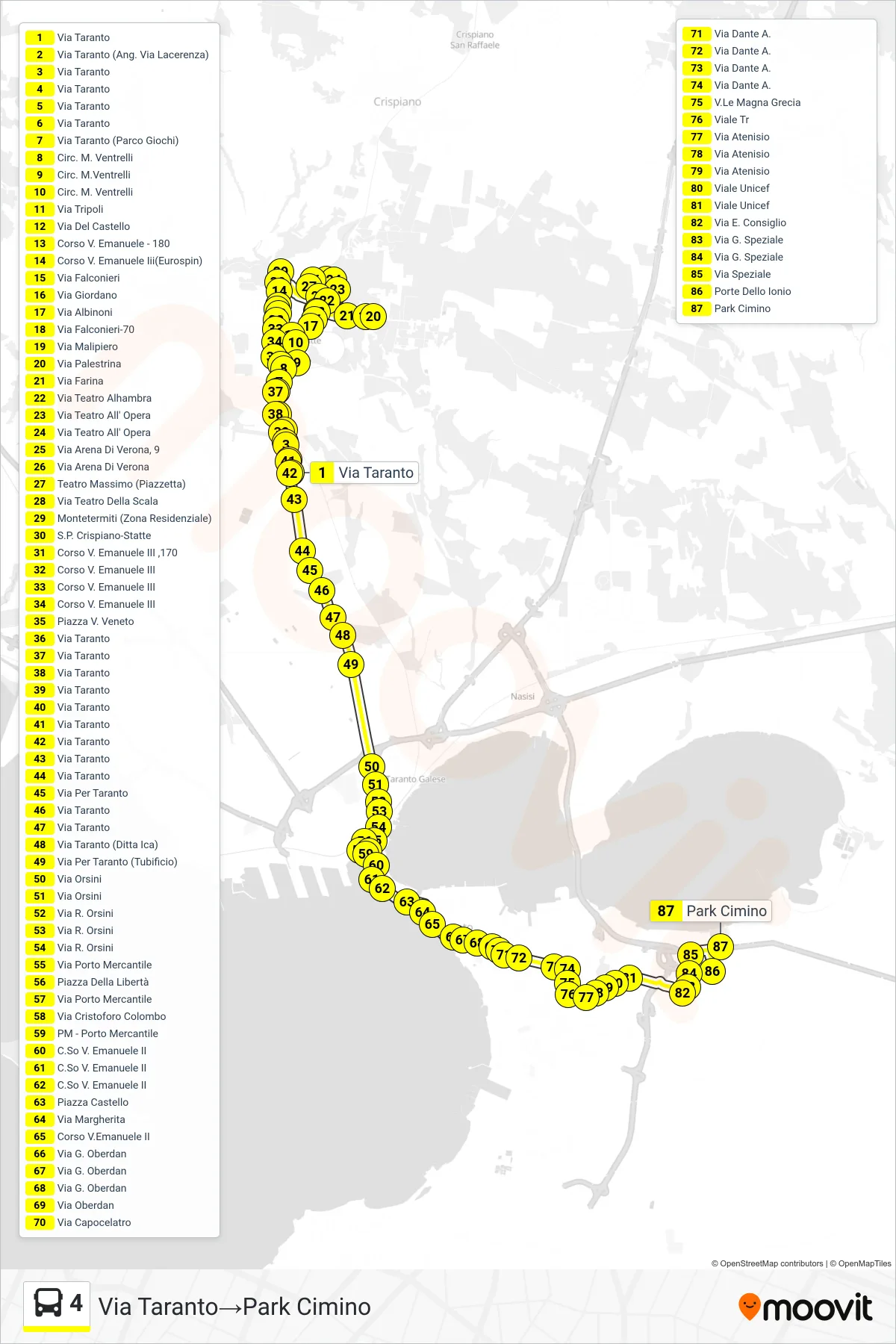 4 bus Line (Taranto Road‎→Cimino Park) route and stops on a map