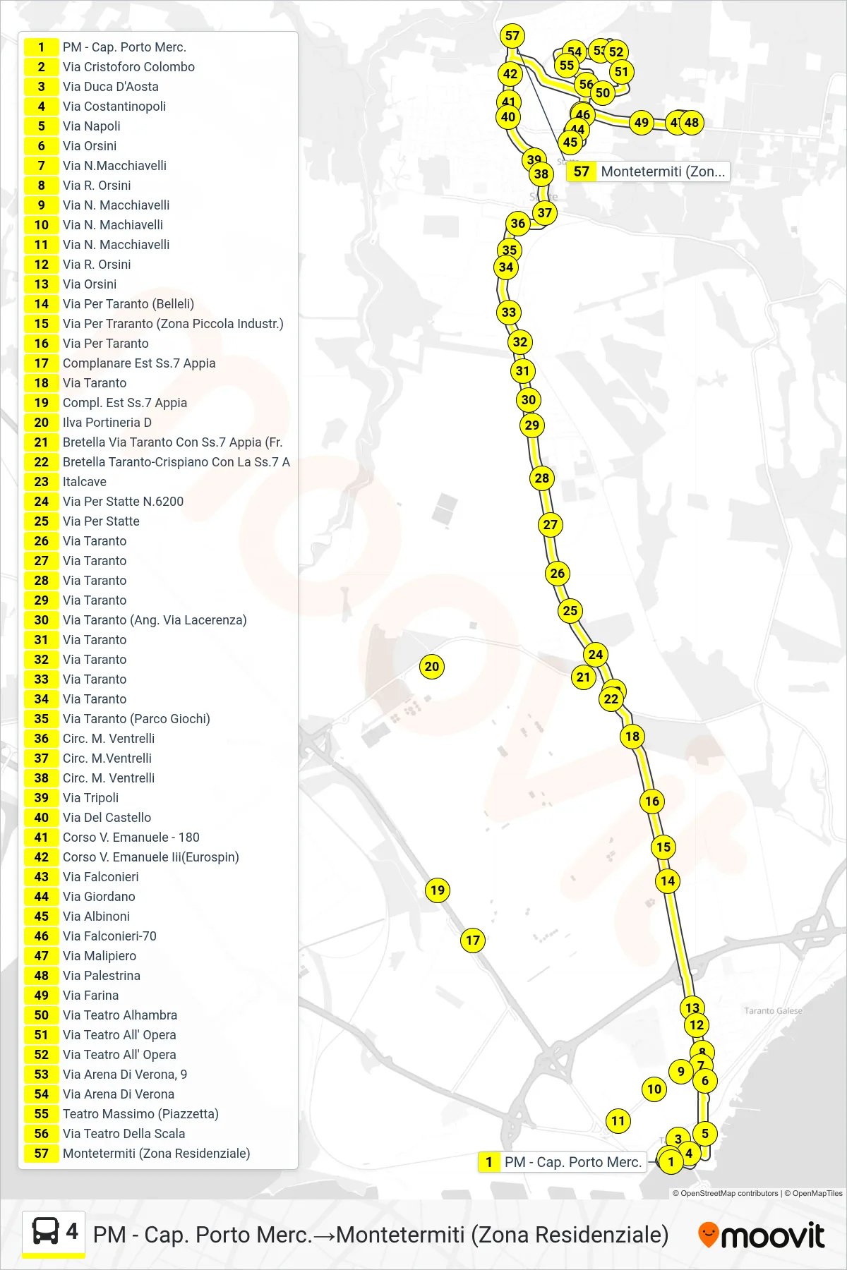 Linea 4  bus (PM - Cap. Porto Merc.‎→Montetermiti (Zona Residenziale)) - Percorsi e fermate sulla mappa