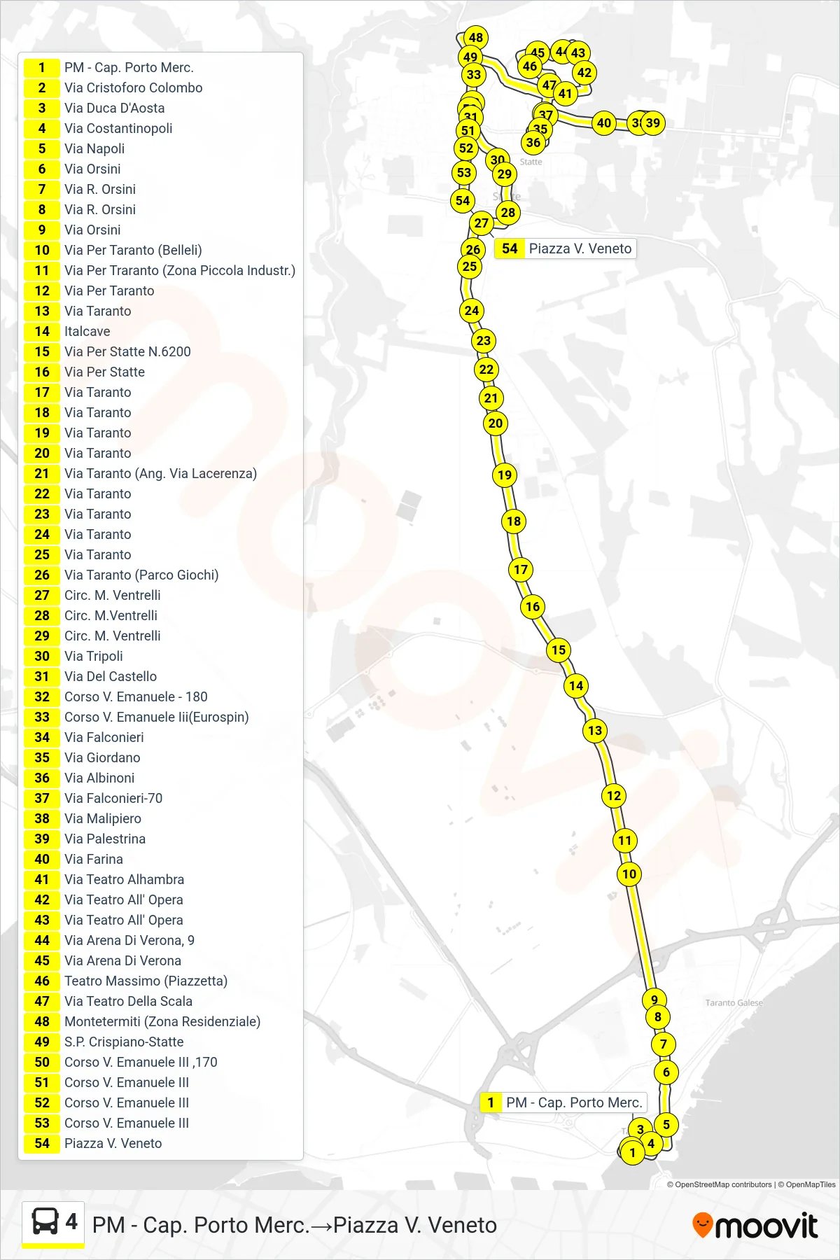 Linea 4 bus (PM - Cap. Porto Merc.→Piazza V. Veneto) - Percorsi e fermate sulla mappa