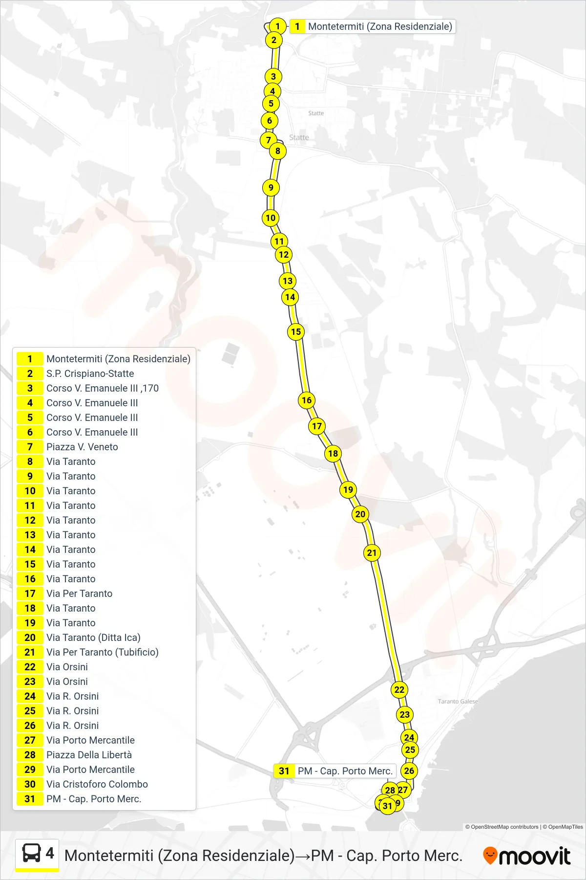 Linea 4 bus (Montetermiti (Zona Residenziale)→PM - Cap. Porto Merc.) - Percorsi e fermate sulla mappa