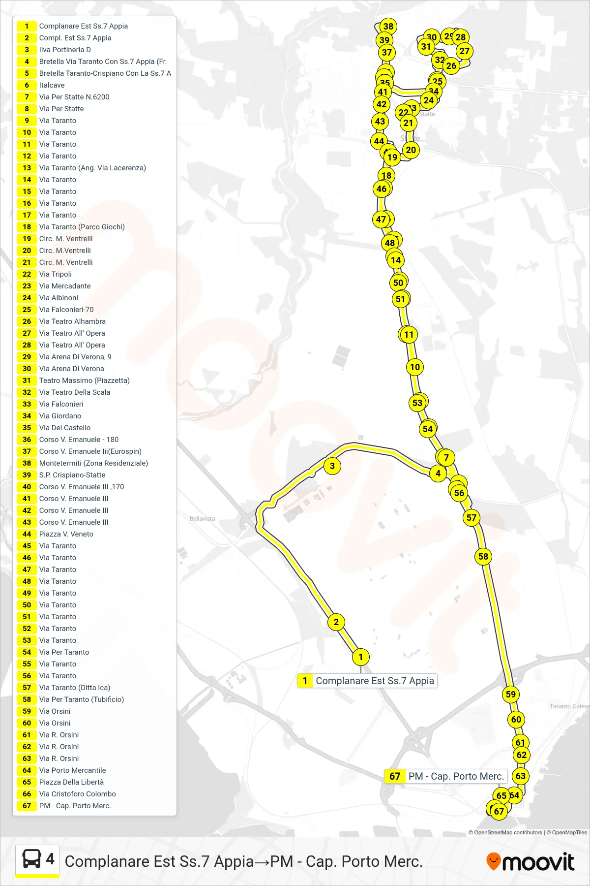 Linea 4 bus (Complanare Est Ss.7 Appia→PM - Cap. Porto Merc.) - Percorsi e fermate sulla mappa