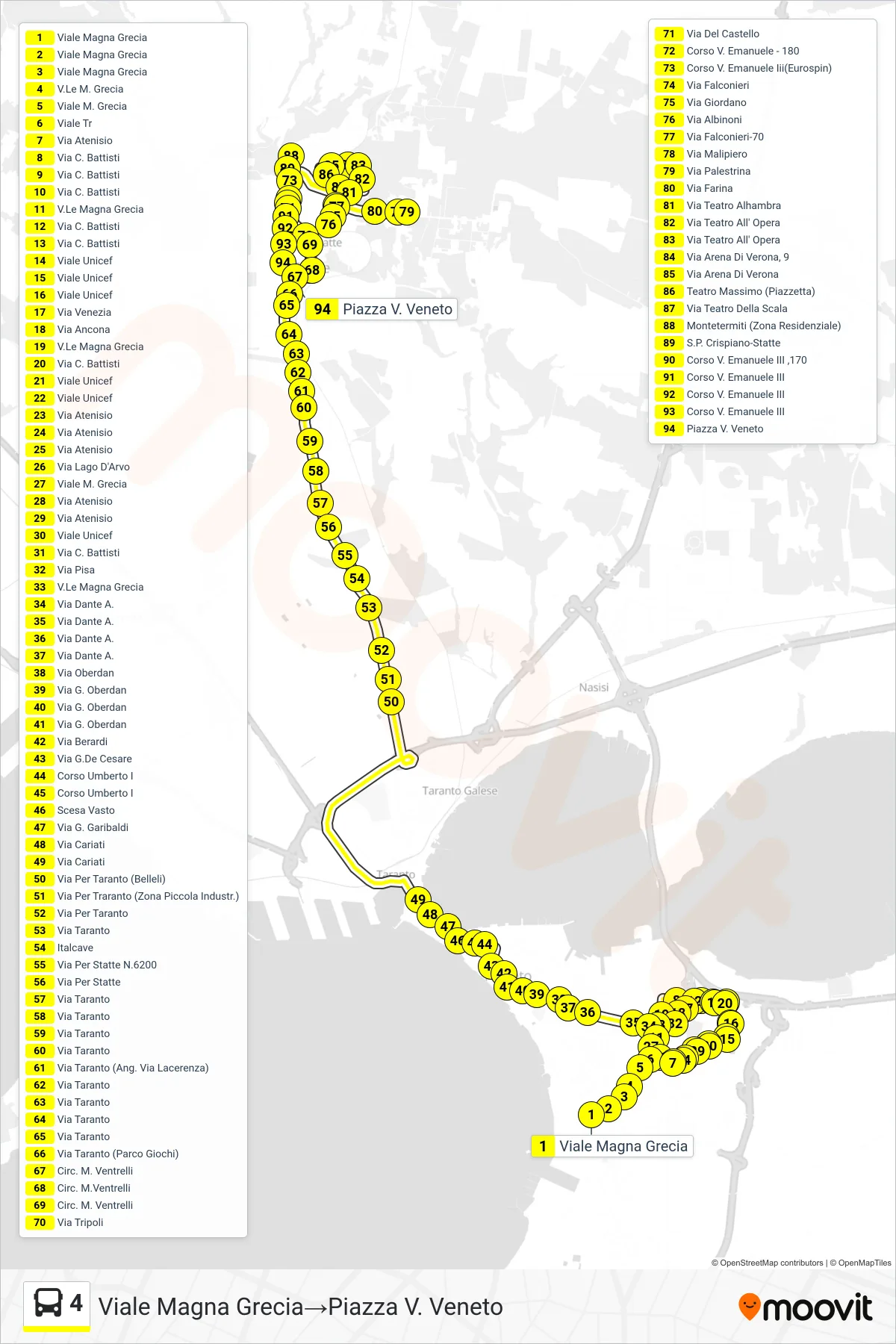 Linea 4 bus (Viale Magna Grecia→Piazza V. Veneto) - Percorsi e fermate sulla mappa
