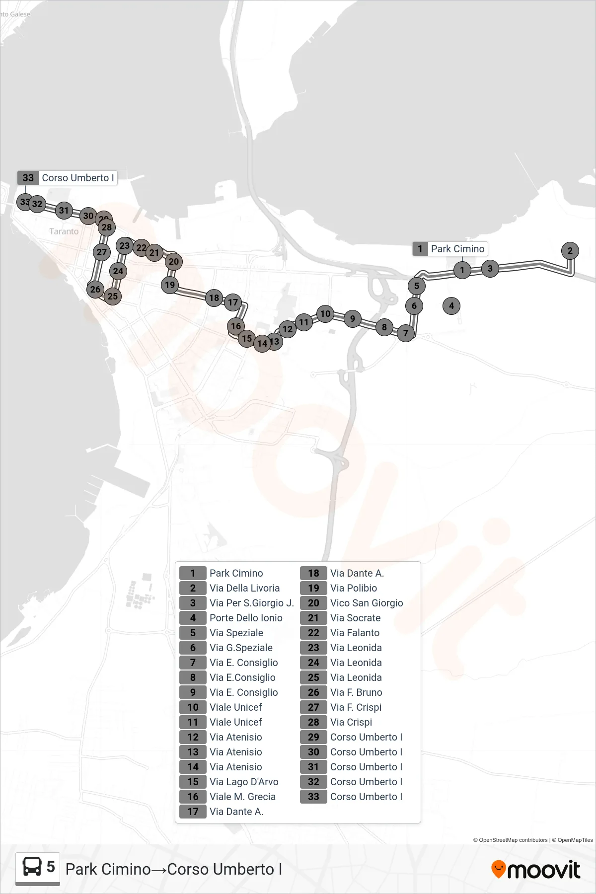 Linea 5 bus (Park Cimino→Corso Umberto I) - Percorsi e fermate sulla mappa