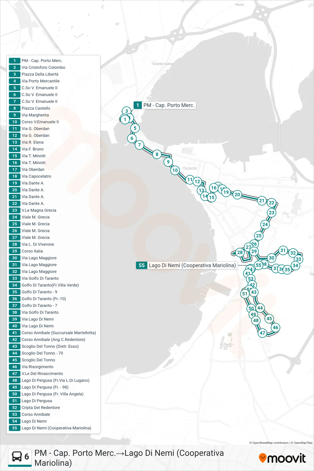 Linea 6 bus (PM - Cap. Porto Merc.→Lago Di Nemi (Cooperativa Mariolina)) - Percorsi e fermate sulla mappa