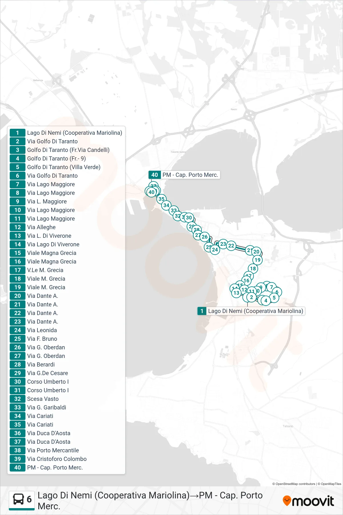 Linea 6  bus (Lago Di Nemi (Cooperativa Mariolina)‎→PM - Cap. Porto Merc.) - Percorsi e fermate sulla mappa