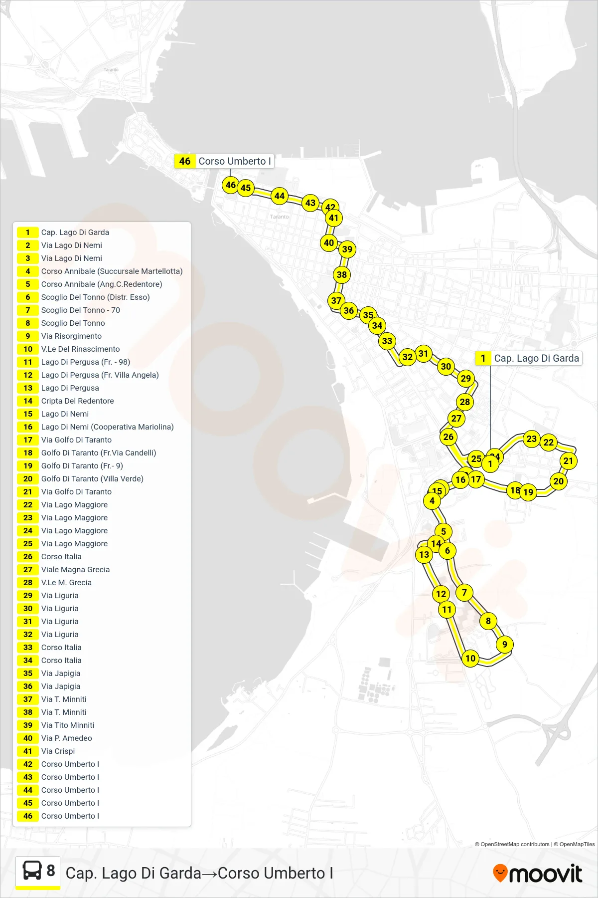 Linea 8 bus (Cap. Lago Di Garda→Corso Umberto I) - Percorsi e fermate sulla mappa