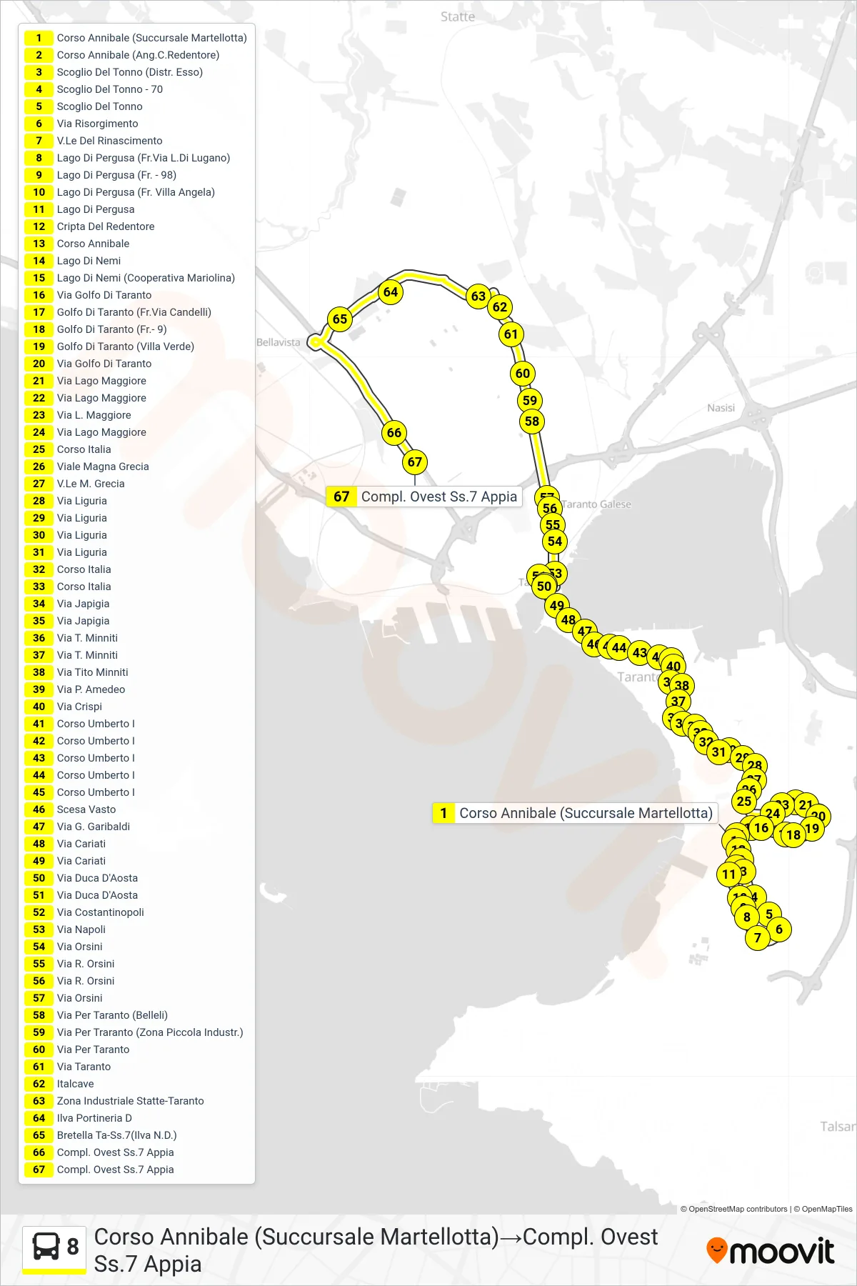 Linea 8 bus (Corso Annibale (Succursale Martellotta)→Compl. Ovest Ss.7 Appia) - Percorsi e fermate sulla mappa