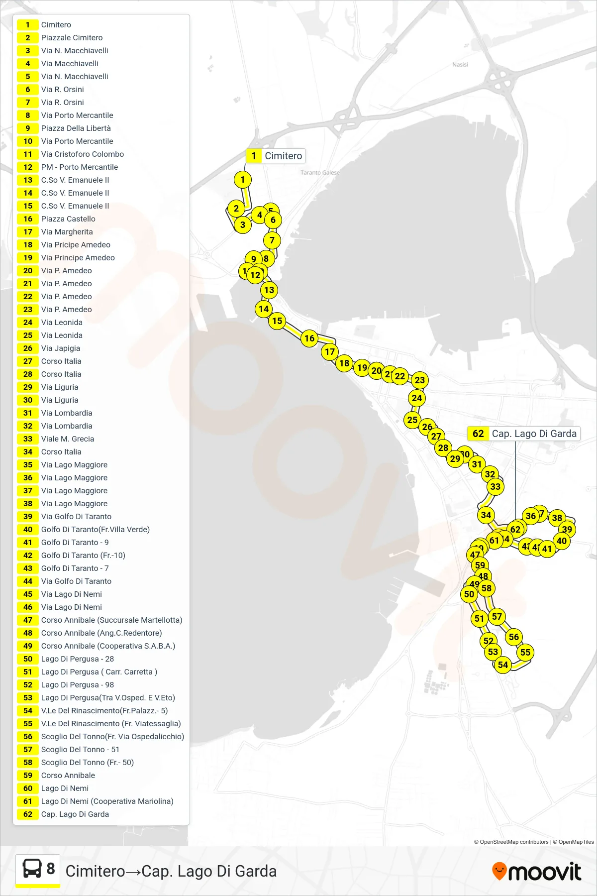 Linea 8  bus (Cimitero‎→Cap. Lago Di Garda) - Percorsi e fermate sulla mappa