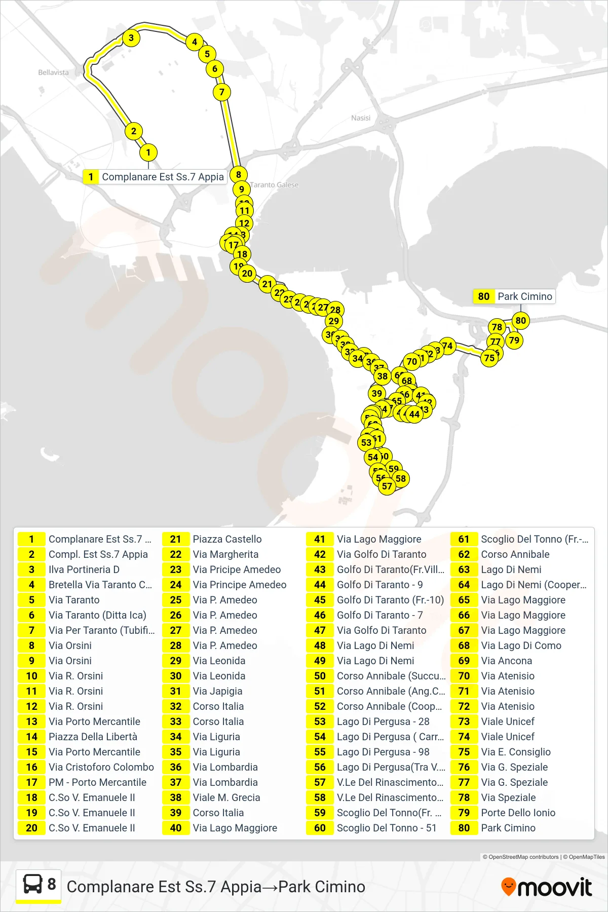 Linea 8  bus (Complanare Est  Ss.7 Appia‎→Park Cimino) - Percorsi e fermate sulla mappa