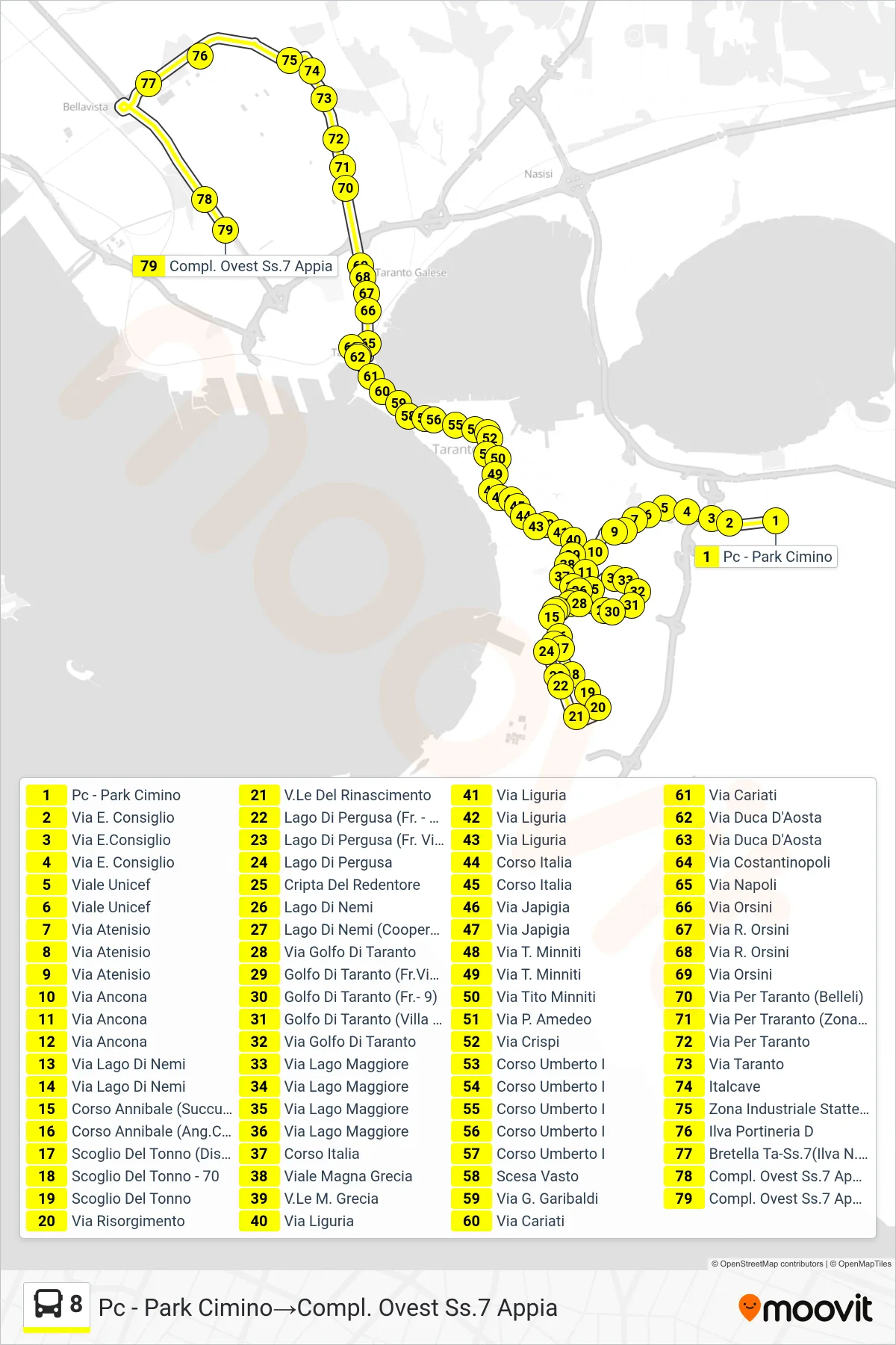 Linea 8 bus (Pc - Park Cimino→Compl. Ovest Ss.7 Appia) - Percorsi e fermate sulla mappa